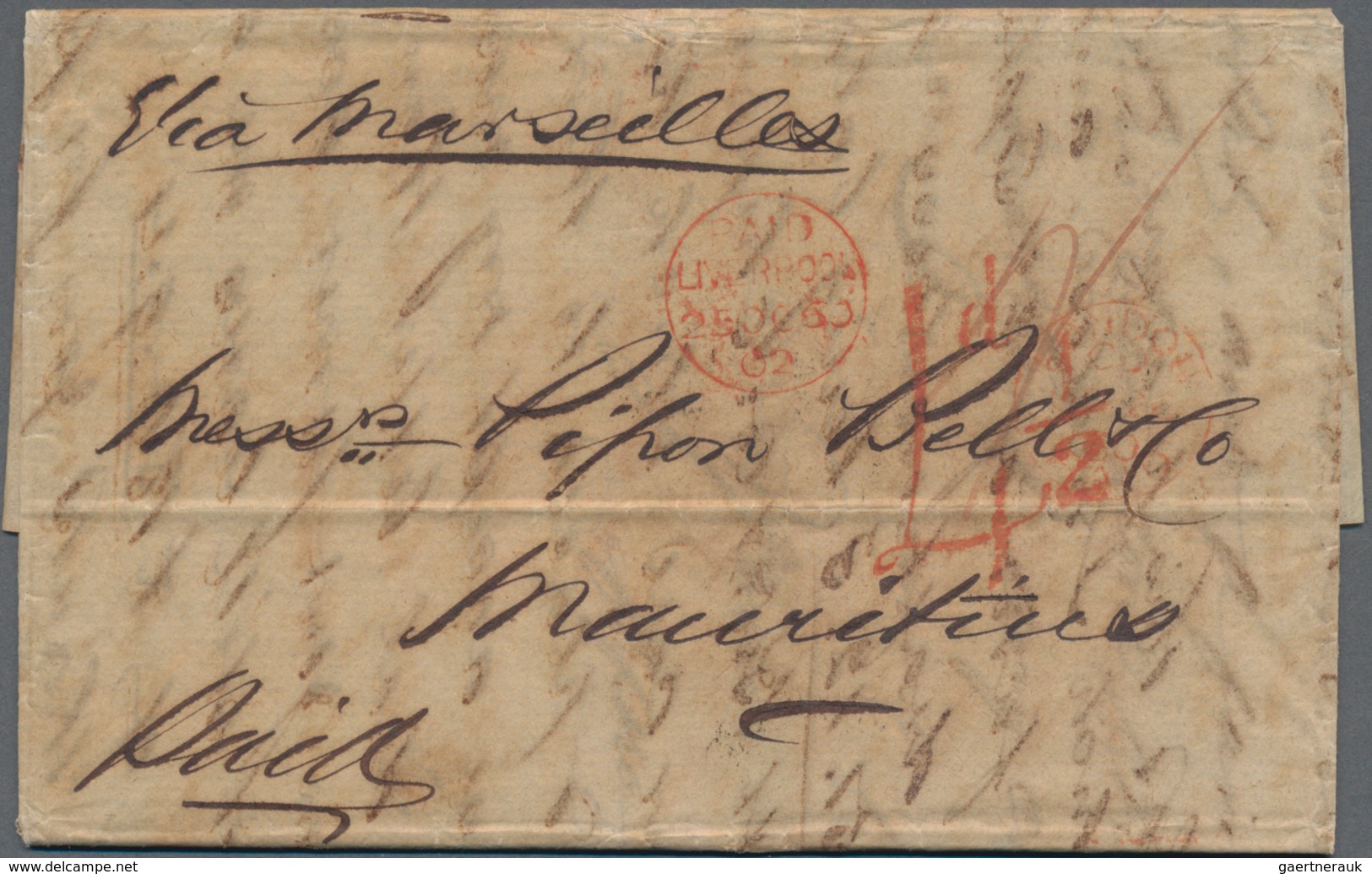 Großbritannien: 1856/60, Two Entire Folded Stampless Letters London To Mauritius Endorsed "via Marse - Other & Unclassified