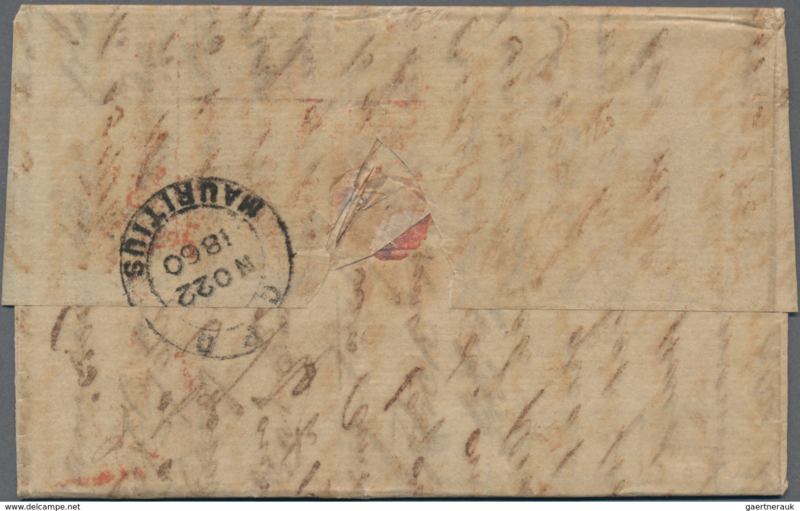 Großbritannien: 1856/60, Two Entire Folded Stampless Letters London To Mauritius Endorsed "via Marse - Sonstige & Ohne Zuordnung
