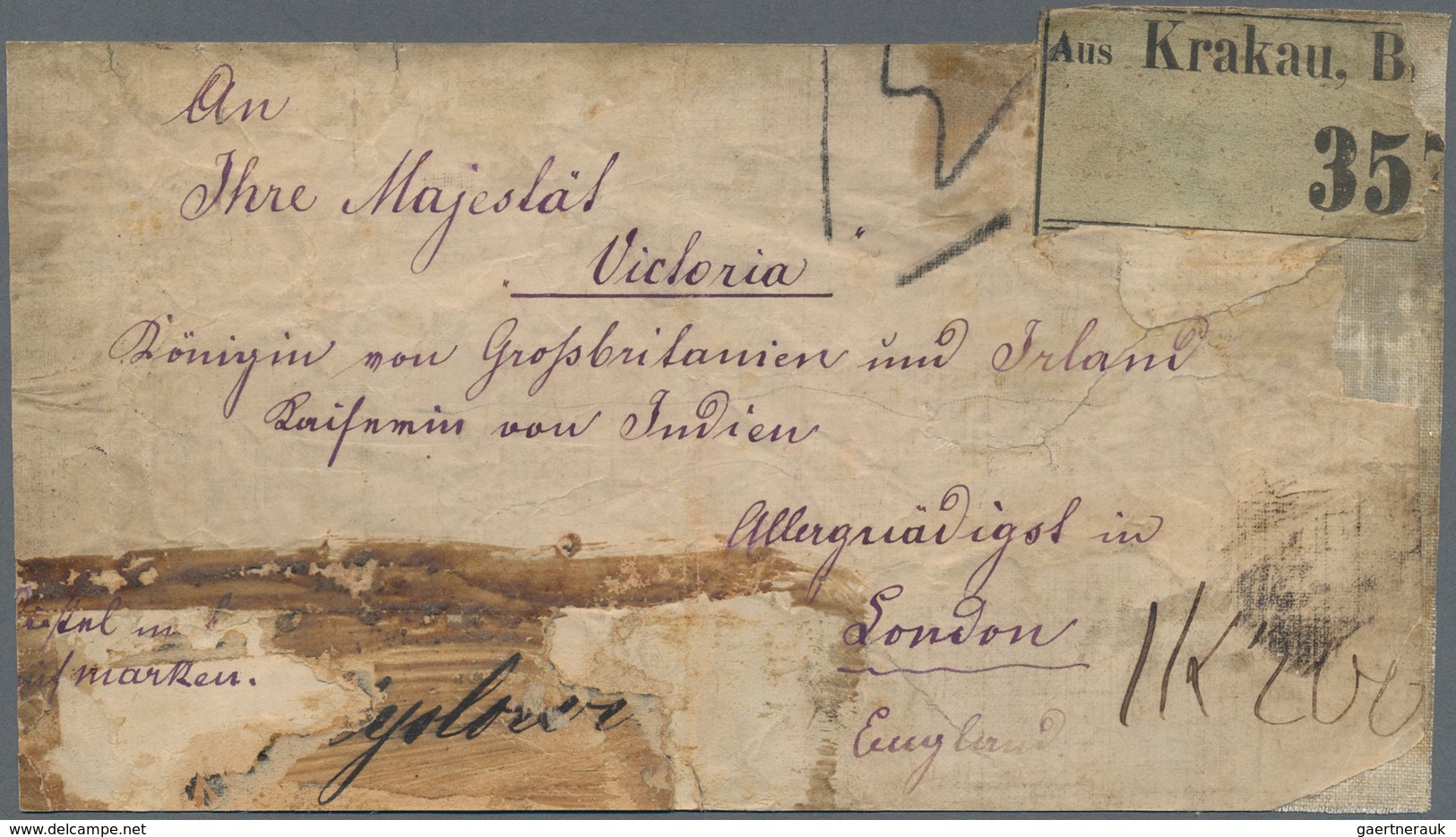 Großbritannien: 1860's-80's Ca. - QUEEN VICTORIA: Large Part Of A Parcel Label Sent From KRAKAU And - Other & Unclassified