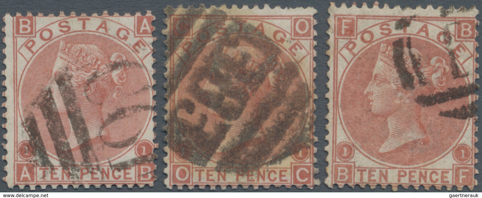 Großbritannien: 1867, QV 10d. Red-brown With Wmk. Spray Of Rose Plate 1 Three Singles Lettered 'BA', - Other & Unclassified