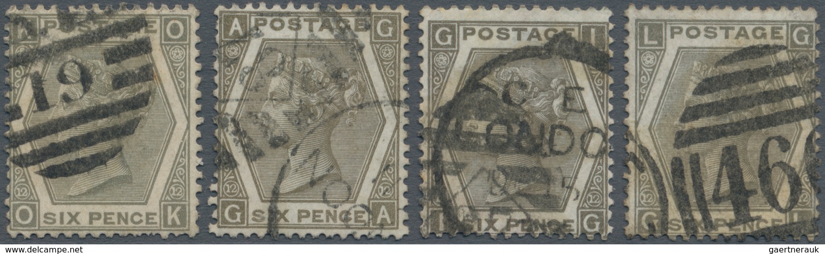 Großbritannien: 1873, QV 6d. Grey With Wmk. Spray Of Rose Four Singles Plate 12 Lettered 'KO', 'AG', - Other & Unclassified
