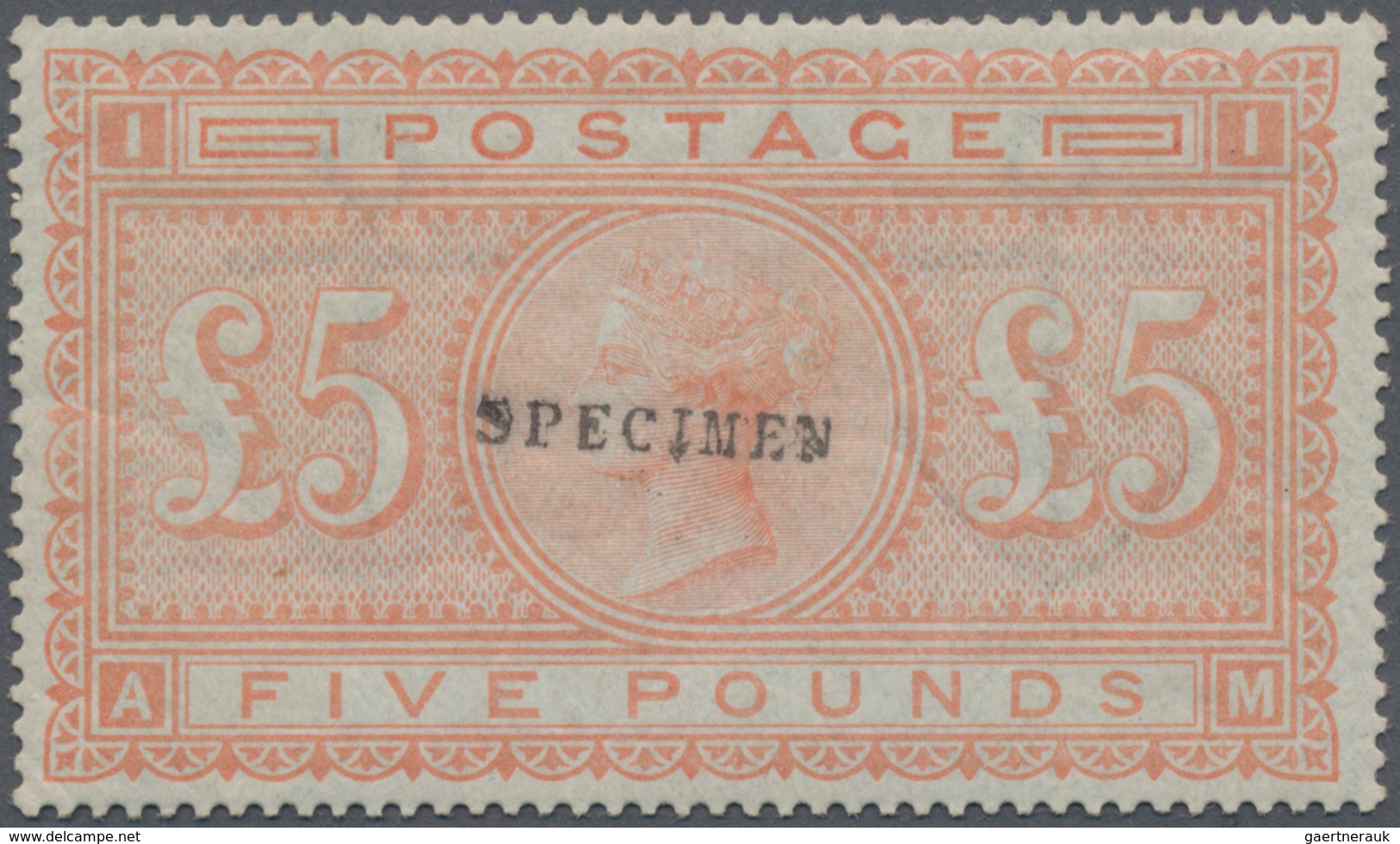 Großbritannien: 1882 QV £5 Orange On White Paper, Wmk Anchor, Overprinted "SPECIMEN" In Type 9, Mint - Sonstige & Ohne Zuordnung