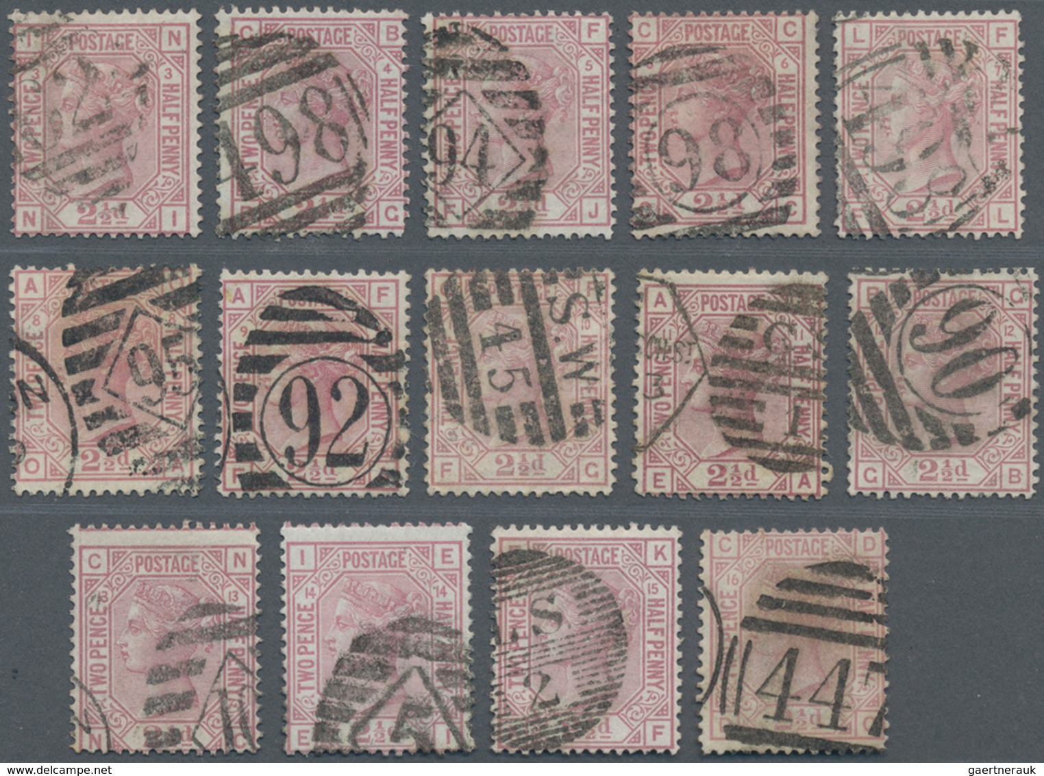 Großbritannien: 1876/1879, QV 2½d. Rosy Mauve With Wmk. Orb 14 Singles With Different Plate Numbers - Other & Unclassified