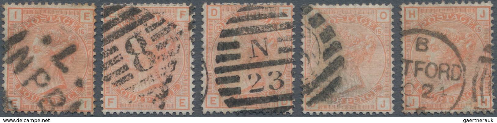 Großbritannien: 1876, QV 4d. Vermilion With Wmk. Large Garter Plate 15 Five Singles Lettered 'IE', ' - Sonstige & Ohne Zuordnung