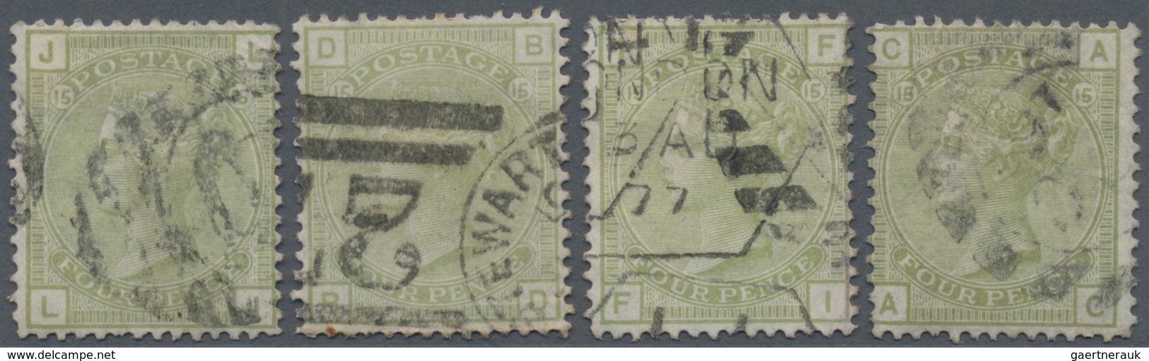 Großbritannien: 1877, QV 4d. Sage-green With Wmk. Large Garter Plate 15 Four Singles Lettered 'JL', - Sonstige & Ohne Zuordnung