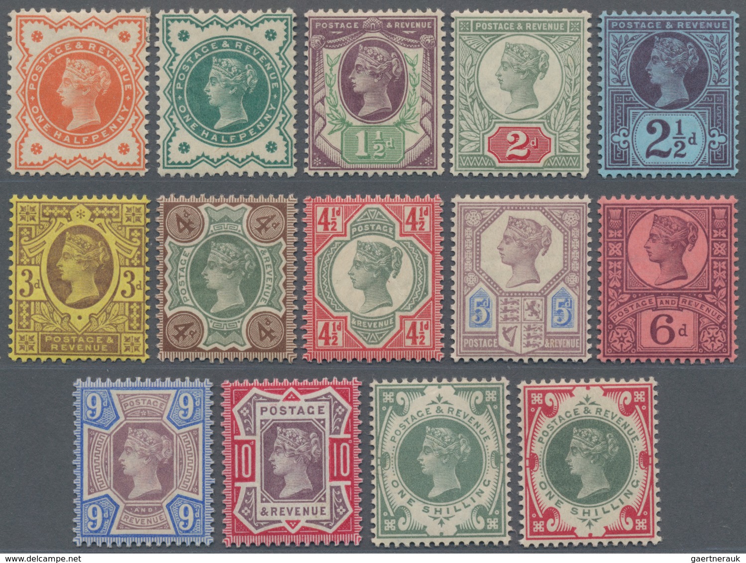 Großbritannien: 1887/1900, QV Definitives Simplified Set Of 14 From ½d Vermilion To 1s. Green/carmin - Other & Unclassified