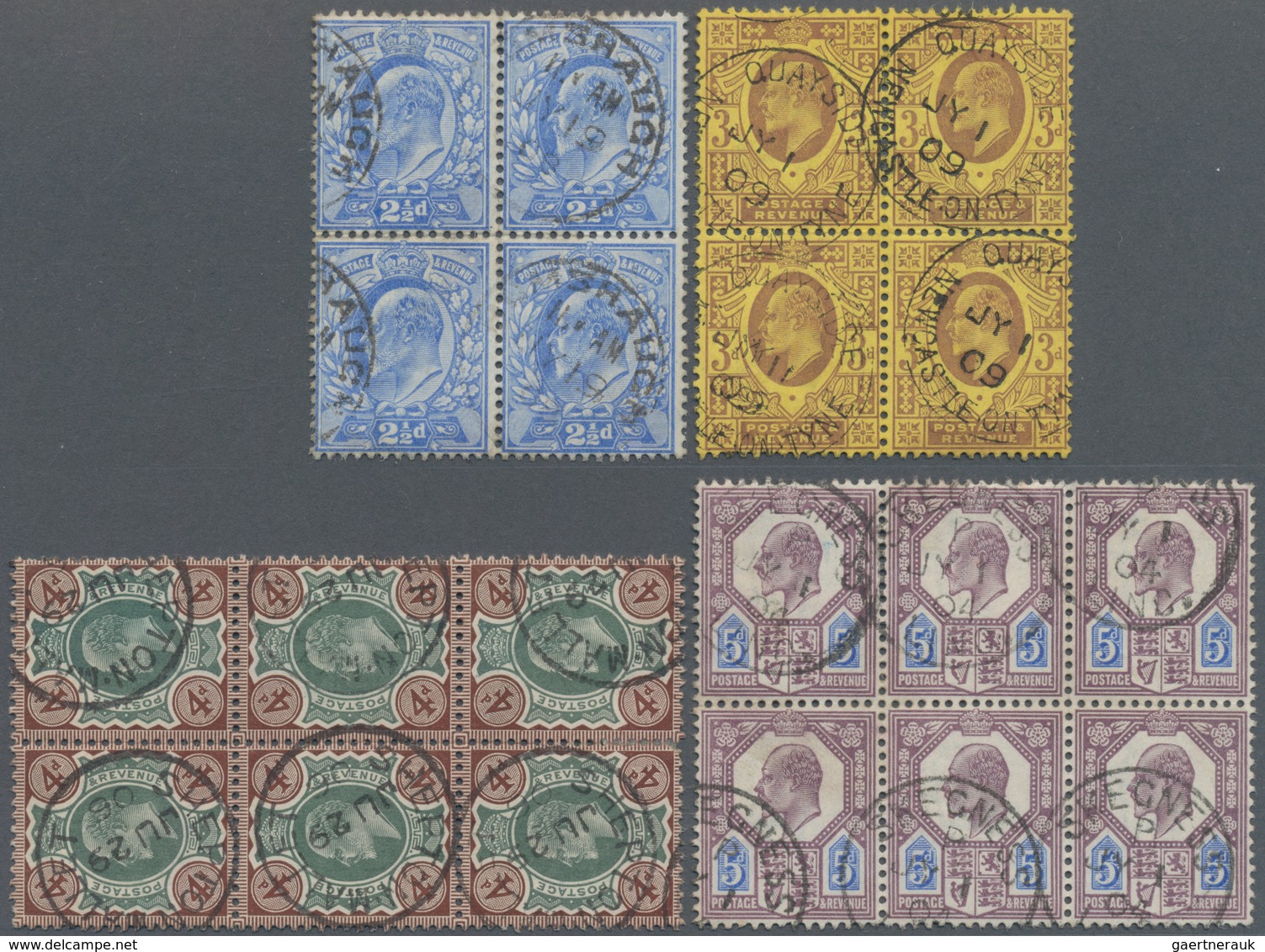 Großbritannien: 1904/1909, KEVII Definitives Four Different Multiples Incl. 2½d. Ultramarine Block/4 - Sonstige & Ohne Zuordnung