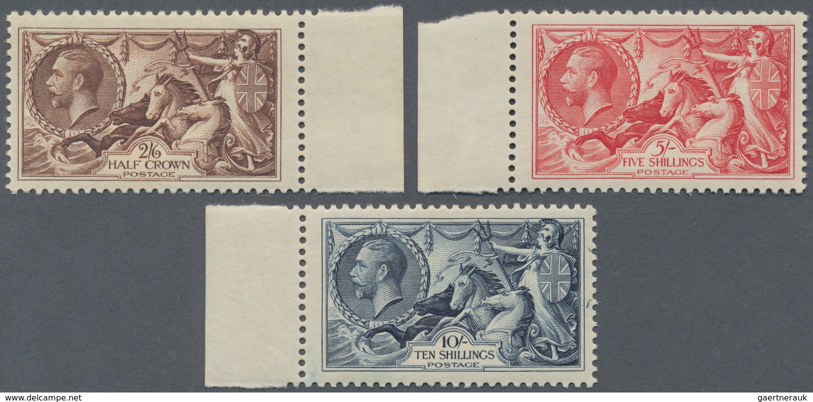 Großbritannien: 1934, Seahorses Re-engraved, Marginal Set Of Three Values, Bright Colours, 5s. Some - Sonstige & Ohne Zuordnung
