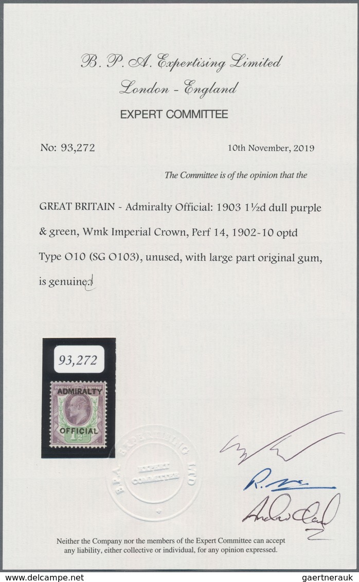 Großbritannien - Dienstmarken: 1903, Admirality, KEVII ½d. Blue-green Mint Original Gum (vertical Cr - Officials
