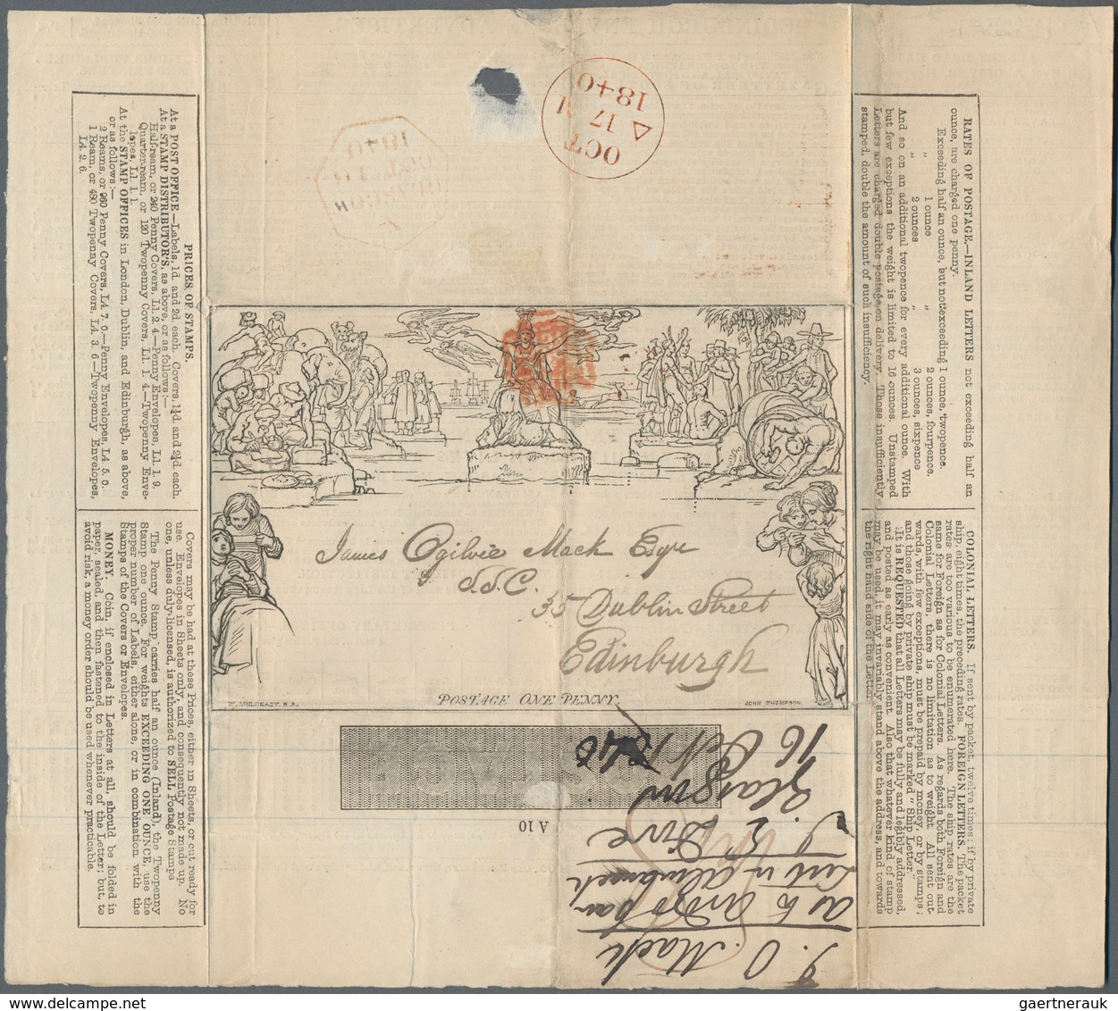 Großbritannien - Ganzsachen: 1840 (16.10.), Mulready Advertising Lettersheet 1d. Black (Edinburgh En - 1840 Mulready-Umschläge