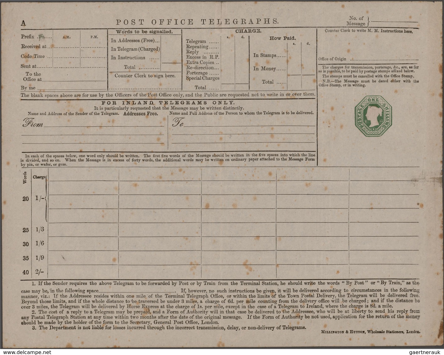 Großbritannien - Ganzsachen: 1870, Two Unused Postal Stationery Inland Telegrams QV One Shilling Gre - 1840 Mulready-Umschläge