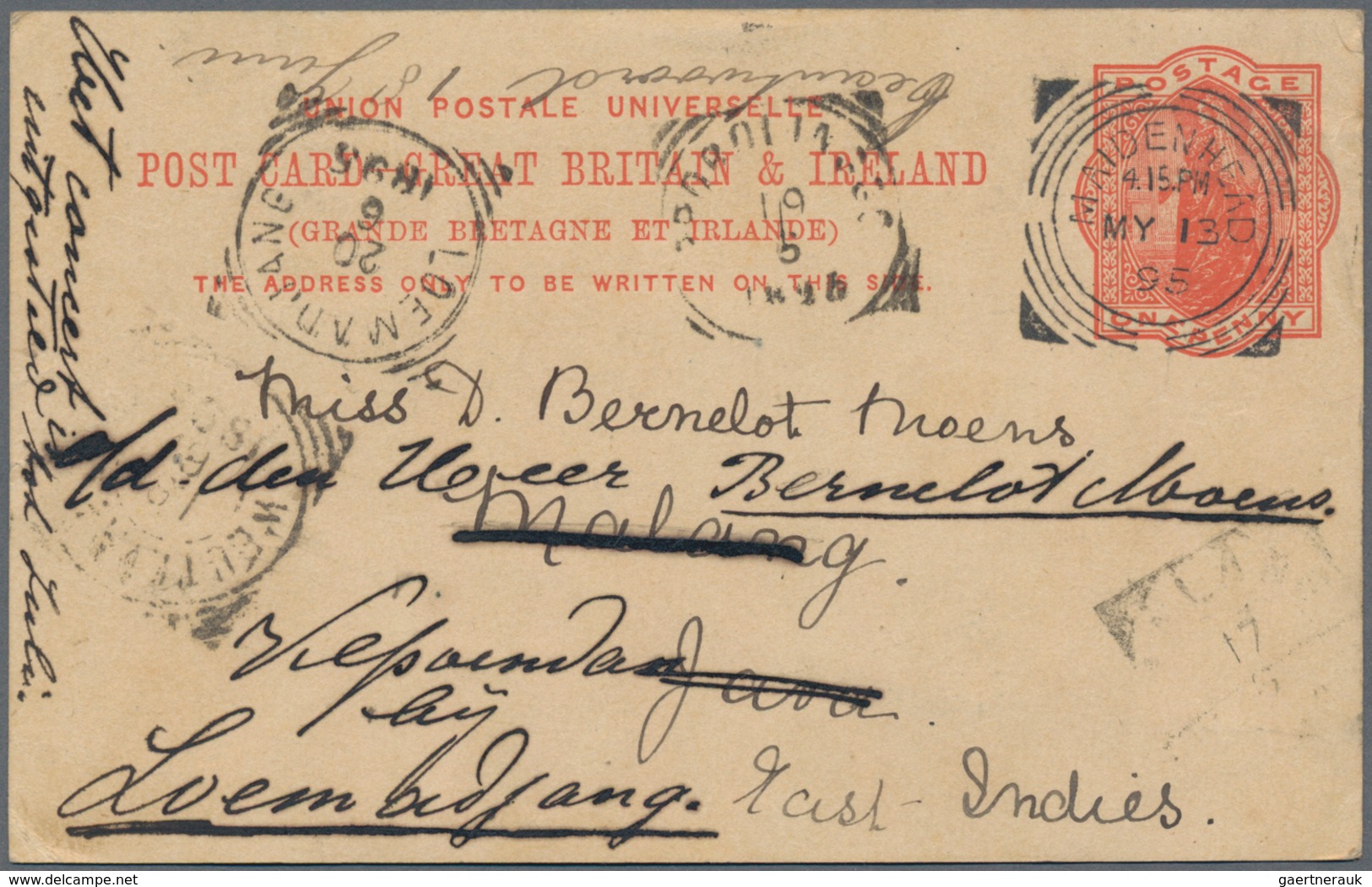 Großbritannien - Ganzsachen: 1895, Card QV 1d Canc. "MAIDENHEAD MY 13 95" To Malang/Netherlands East - 1840 Mulready Envelopes & Lettersheets