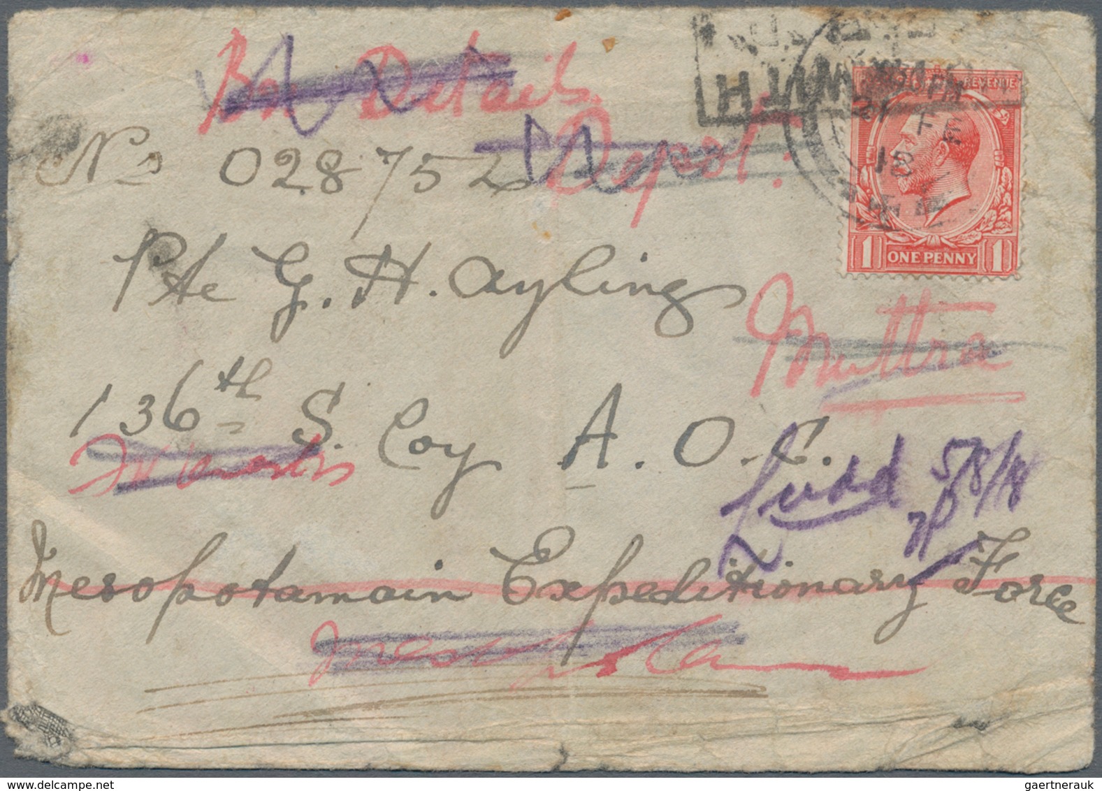 Großbritannien - Feldpost: 1918 Army Field Post MESOPOTAMIAN EXPEDITIONARY FORCE, Cover 21/FE 18 Fra - Other & Unclassified