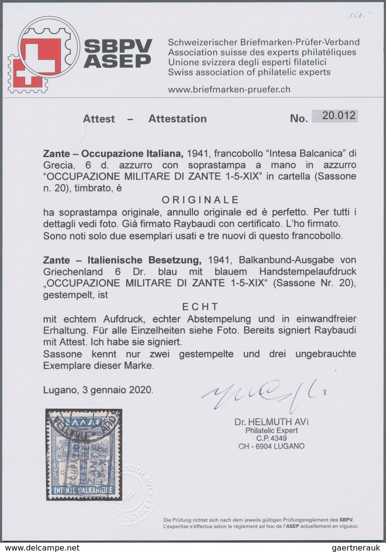 Ionische Inseln - Lokalausgaben: Zakynthos: 1941, 6dr. Blue "Entente Balkanique" With Blue Handstamp - Ionische Inseln