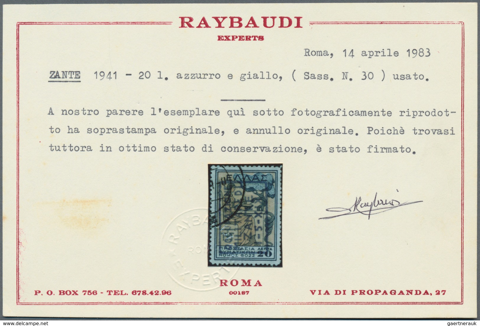 Ionische Inseln - Lokalausgaben: Zakynthos: 1941, 20lep. "ΕΛΛΑΖ" Charity Tax Stamp With Blue Handsta - Ionian Islands