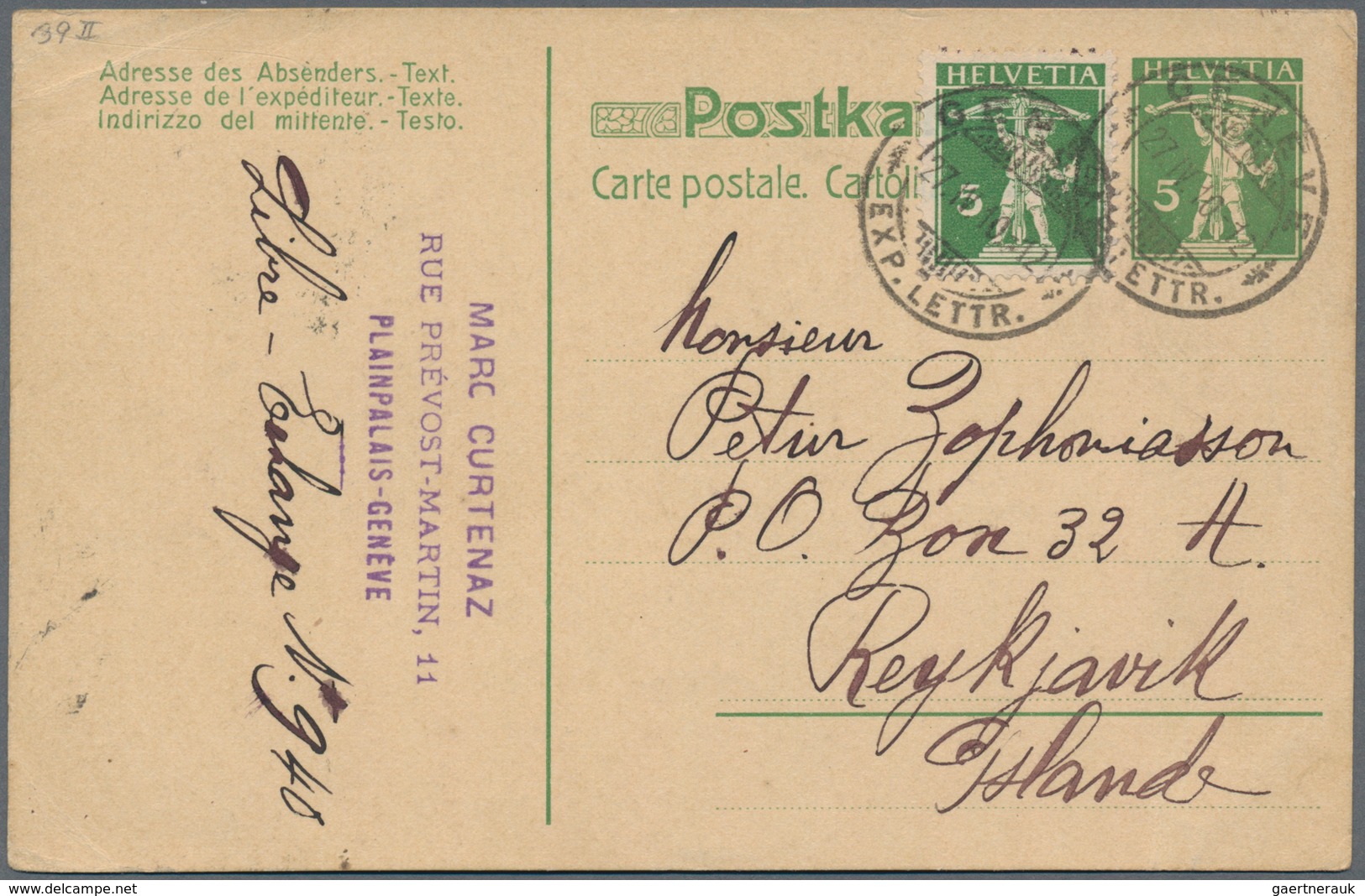 Island: 1910 Swiss Postal Stationery Card 5c. 'Tell', Uprated Similar 5c., Used From Geneve To REYKJ - Other & Unclassified