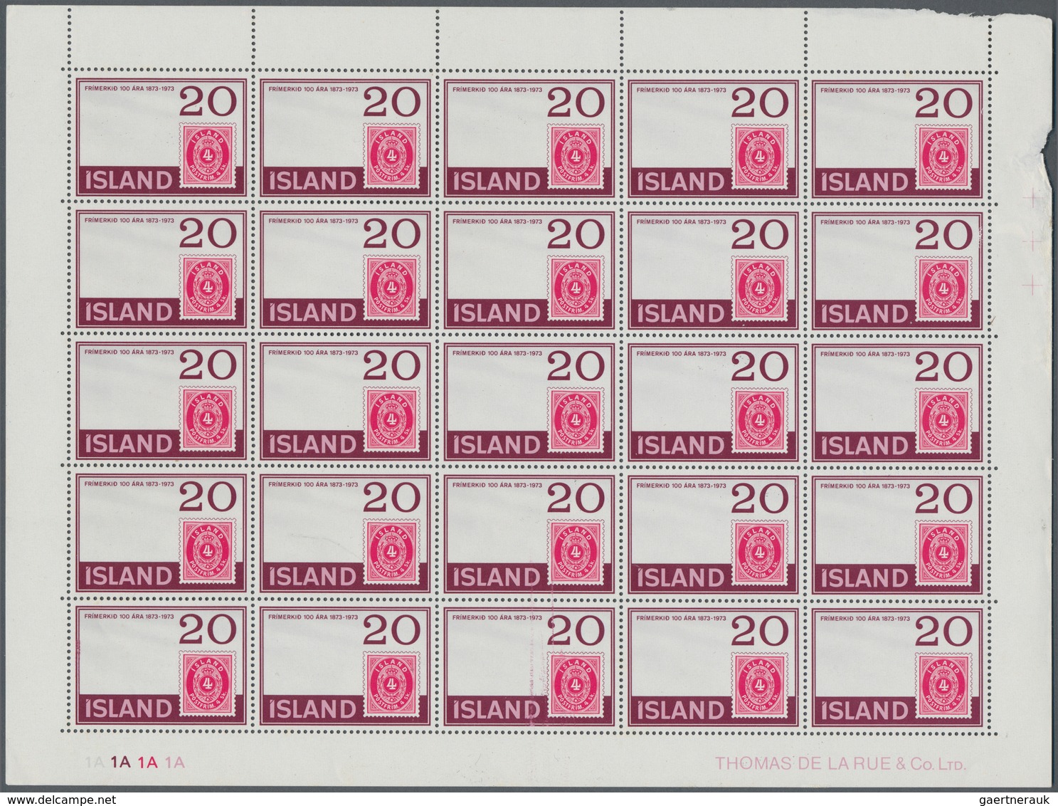 Island: 1973 'Stamp Centenary' 20kr. Complete Sheet Of 25 Showing Variety "COLOUR BLACK (SHIP) OMITT - Other & Unclassified