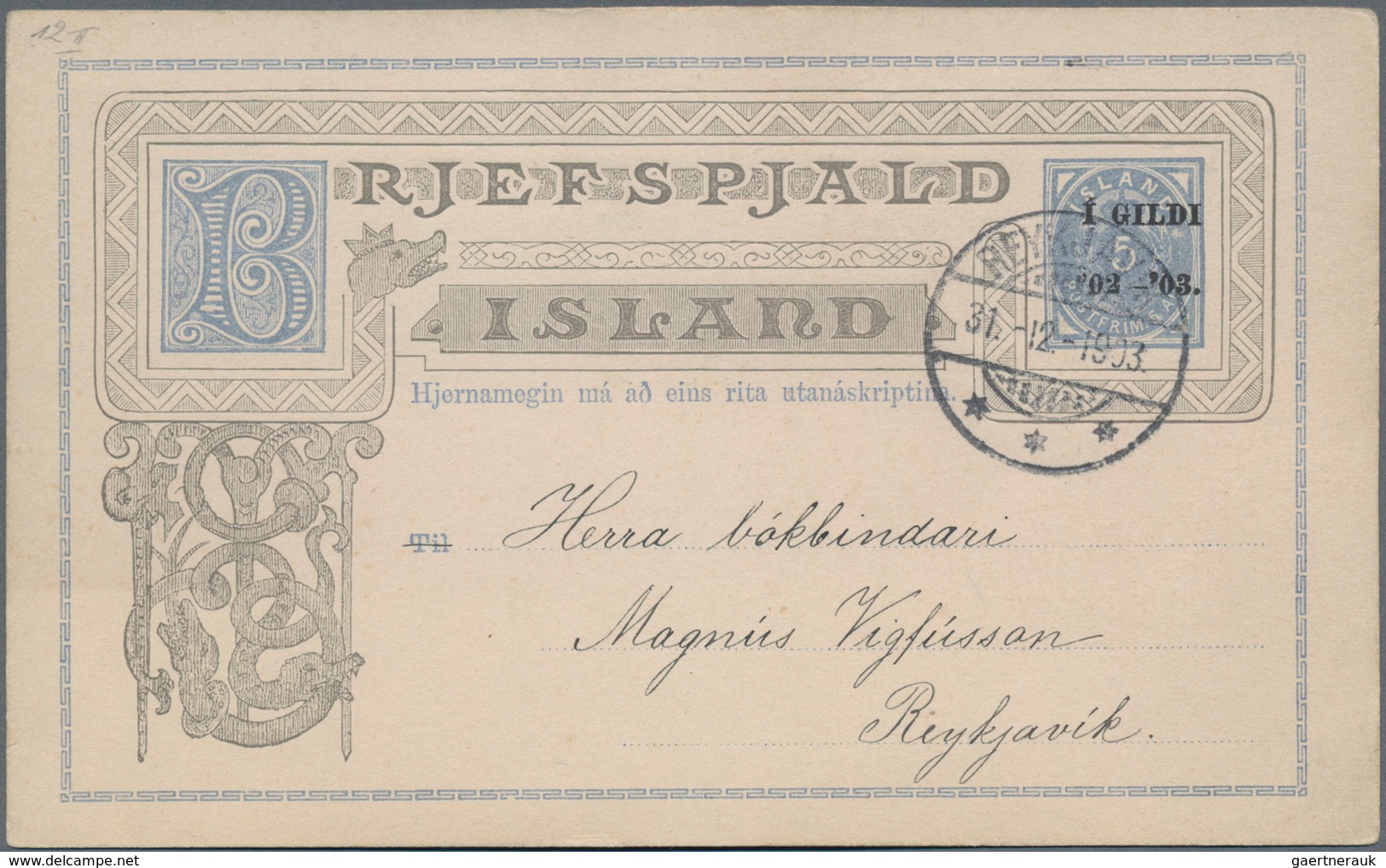 Island - Ganzsachen: 1903, 1 Gildi On 5 Aur Blue Postal Stationery Postcard With Additional Print On - Ganzsachen