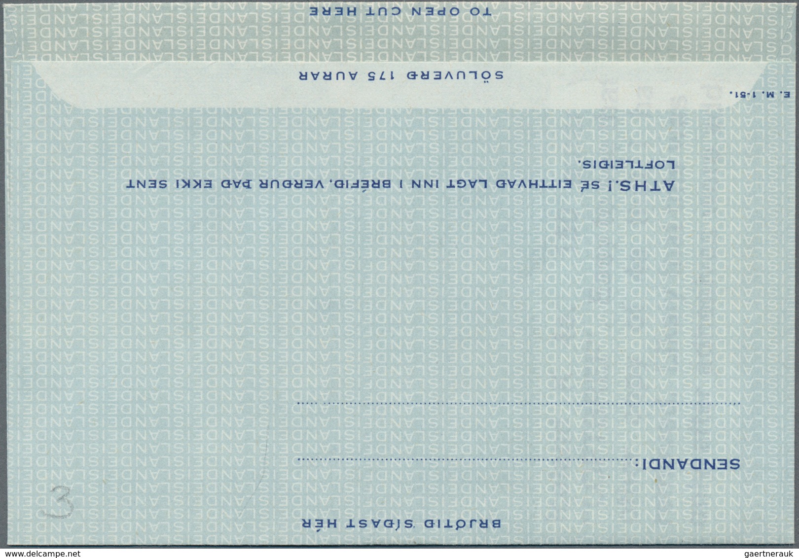 Island - Ganzsachen: 1952 (ca): 150 Aurar Aerogram Without Accent Over The "E" Of "LOFTBREF". An Adh - Ganzsachen