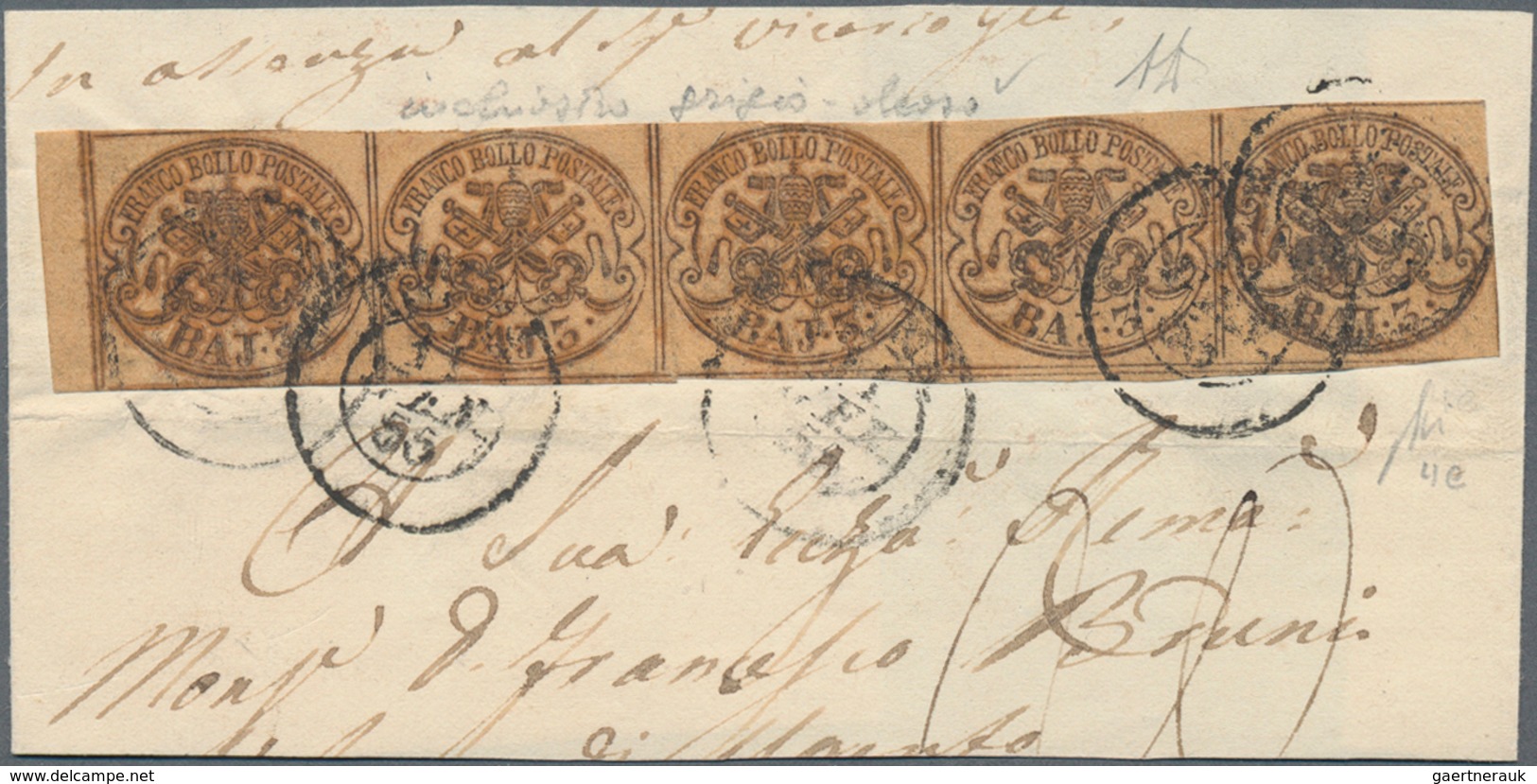 Italien - Altitalienische Staaten: Kirchenstaat: 1852, 3 Baj Brown Horizontal Stripe Of Five Tied By - Estados Pontificados