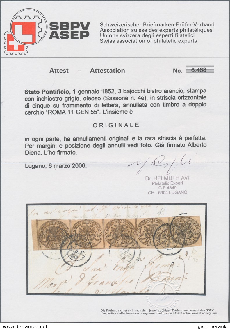 Italien - Altitalienische Staaten: Kirchenstaat: 1852, 3 Baj Brown Horizontal Stripe Of Five Tied By - Kirchenstaaten