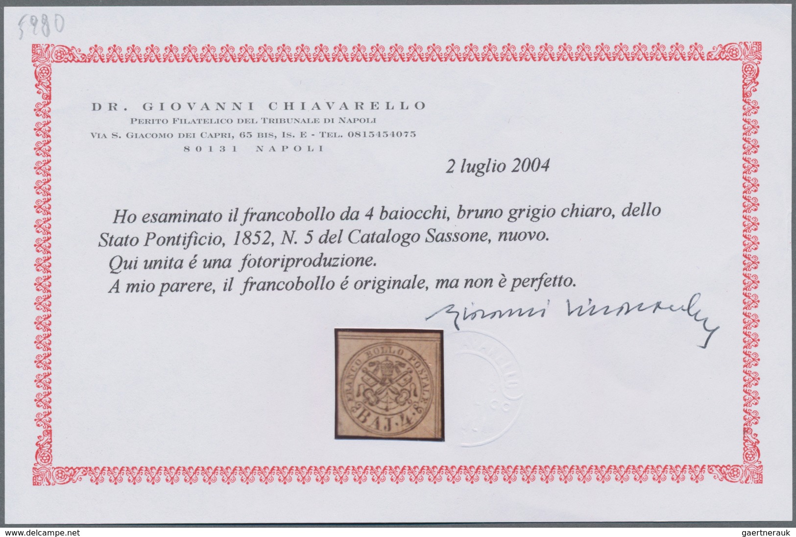 Italien - Altitalienische Staaten: Kirchenstaat: 1852, 4 Baj Black On Grey-brown Unused With A Rest - Papal States