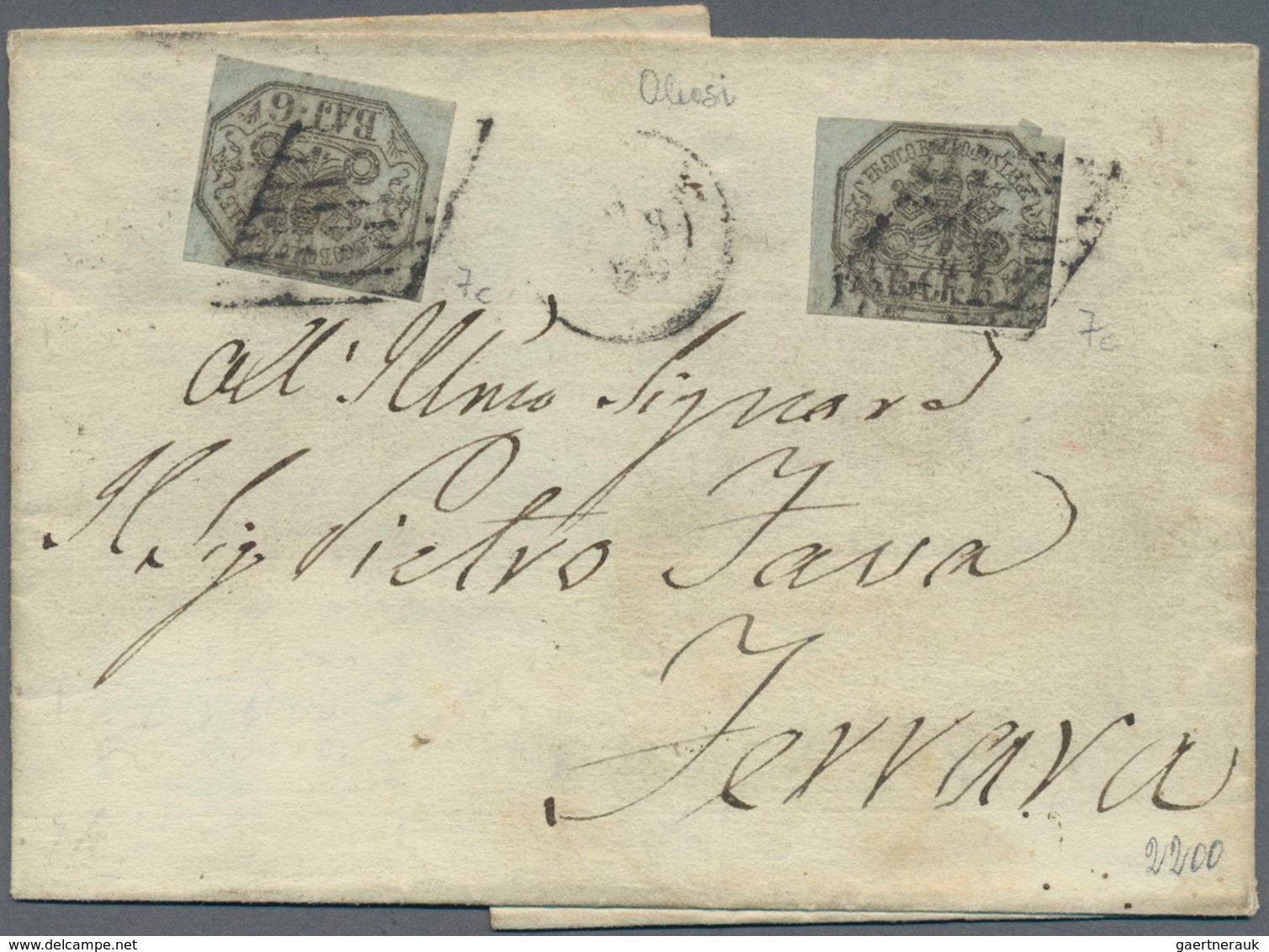 Italien - Altitalienische Staaten: Kirchenstaat: 1852, 6 Baj. Black On Grey, Two Items On A Folded L - Estados Pontificados