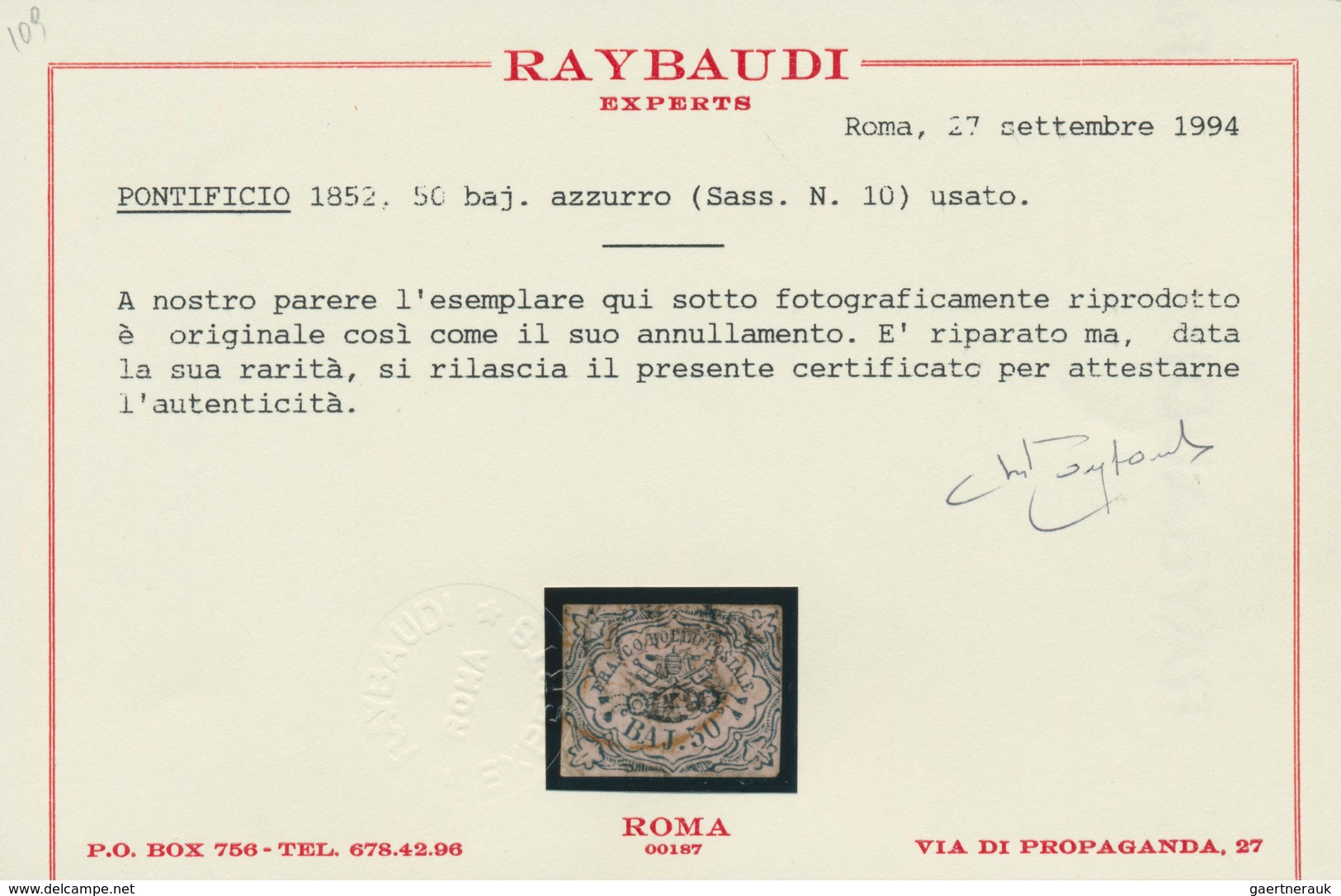 Italien - Altitalienische Staaten: Kirchenstaat: 1852, 50 Baj. Blue Cancelled With Double Circle, Ad - Papal States