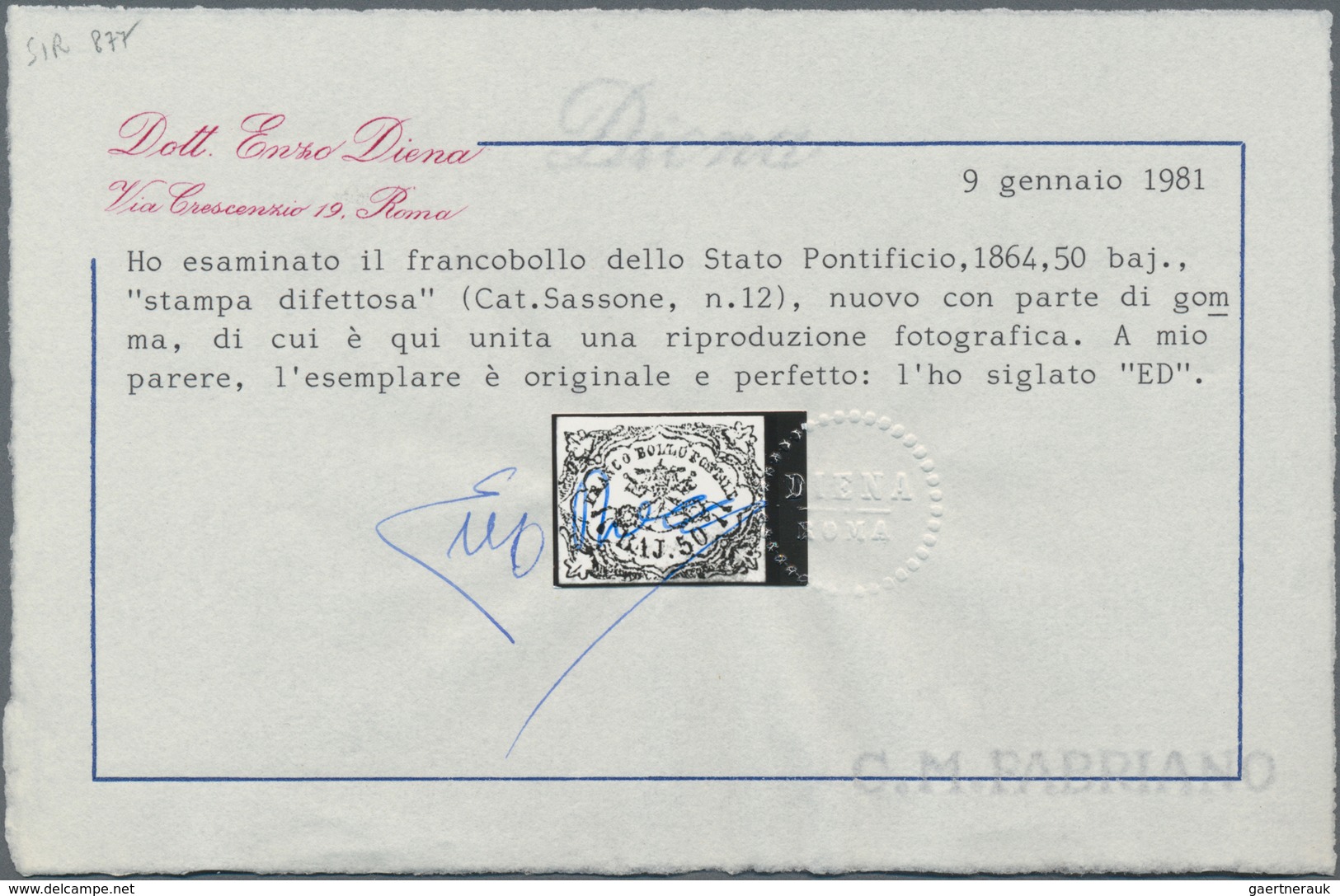 Italien - Altitalienische Staaten: Kirchenstaat: 1852, 50 Baj Dark Blue Unused With Parts Of The Ori - Papal States