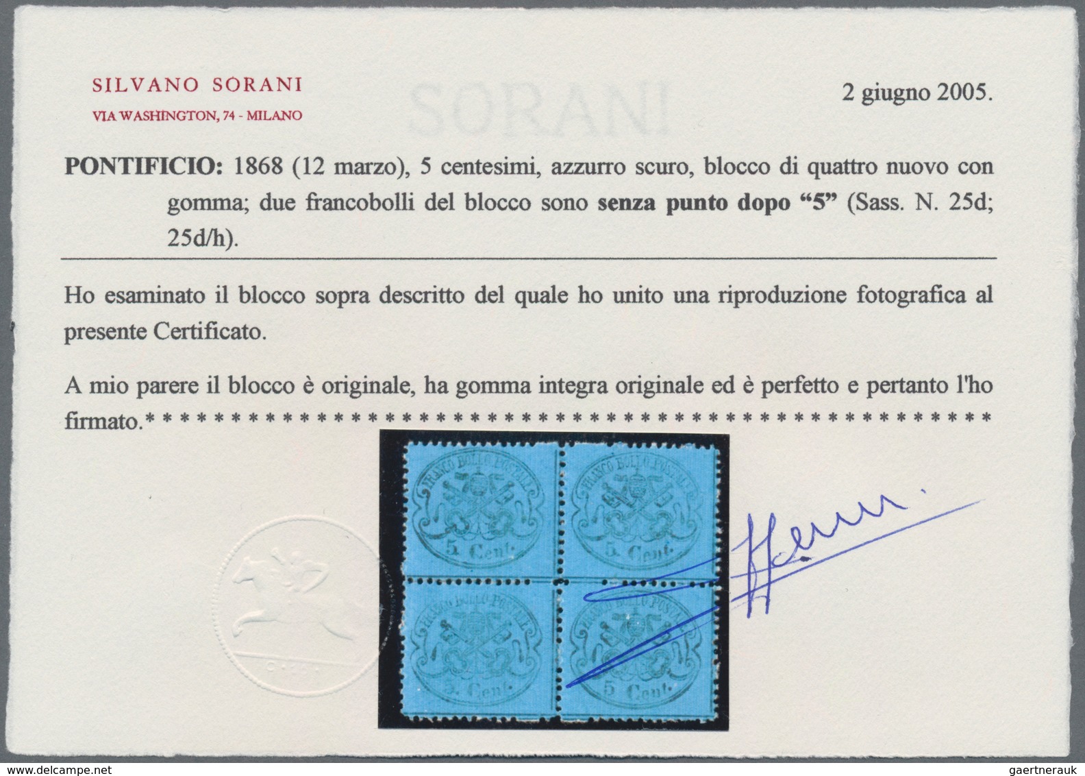 Italien - Altitalienische Staaten: Kirchenstaat: 1868, 5 C Blue Block Of Four Mint Never Hinged, The - Papal States