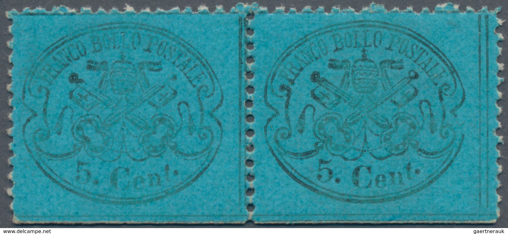 Italien - Altitalienische Staaten: Kirchenstaat: 1868, 5 C Greenish-blue Horizontal Pair From Sheet - Papal States