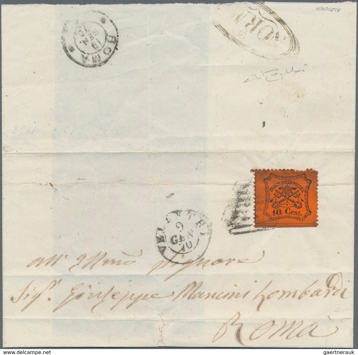 Italien - Altitalienische Staaten: Kirchenstaat: 1868, 10 C Black On Red With Rhomb Cancel On Folded - Papal States