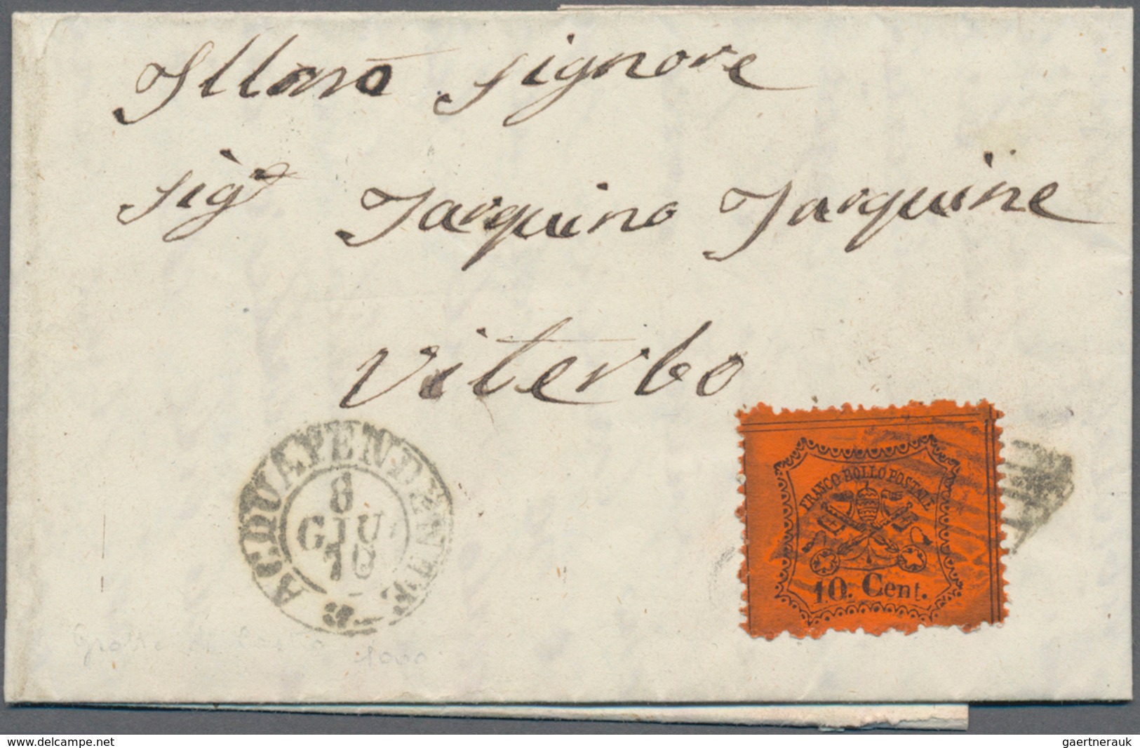 Italien - Altitalienische Staaten: Kirchenstaat: 1868, 10 C Black On Red With Rhombe Cancel And At T - Papal States