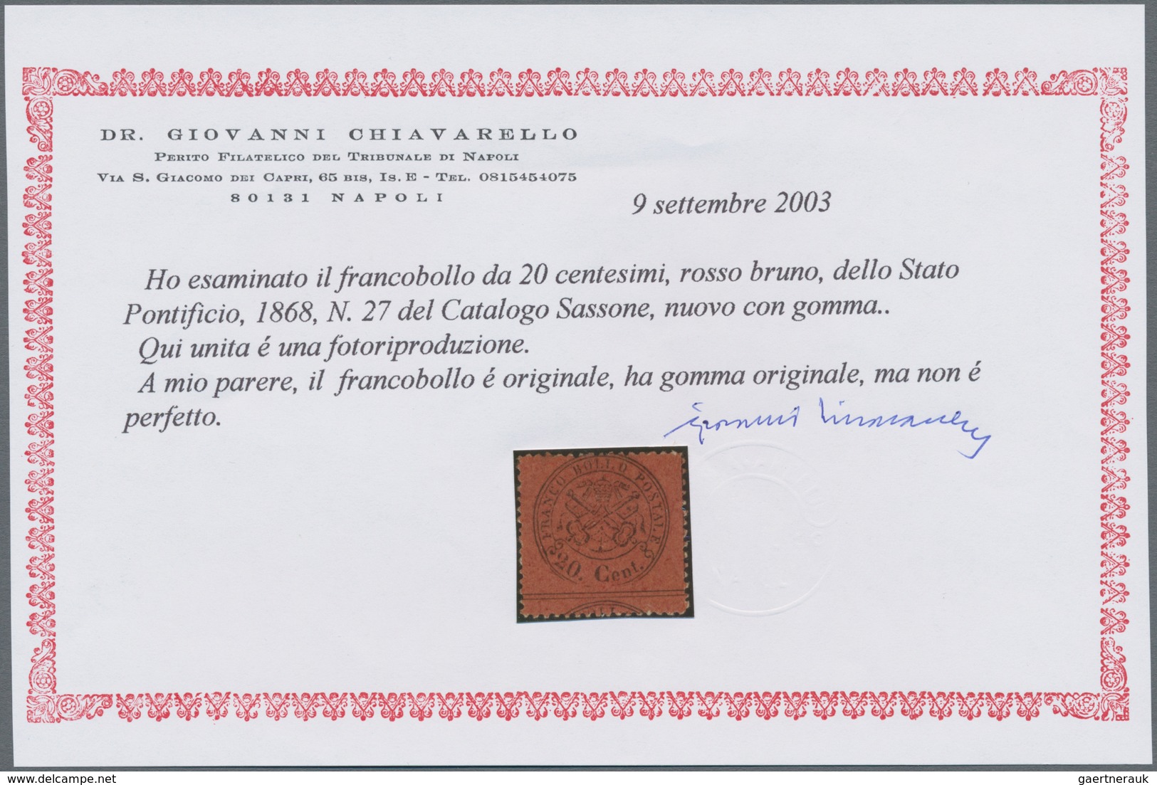 Italien - Altitalienische Staaten: Kirchenstaat: 1868, 20 Cent. Black On Red-brown Unused With Origi - Papal States