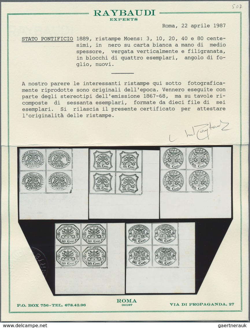 Italien - Altitalienische Staaten: Kirchenstaat: 1889, 3, 10, 20, 40 and 80 C black in blocks of 4 a
