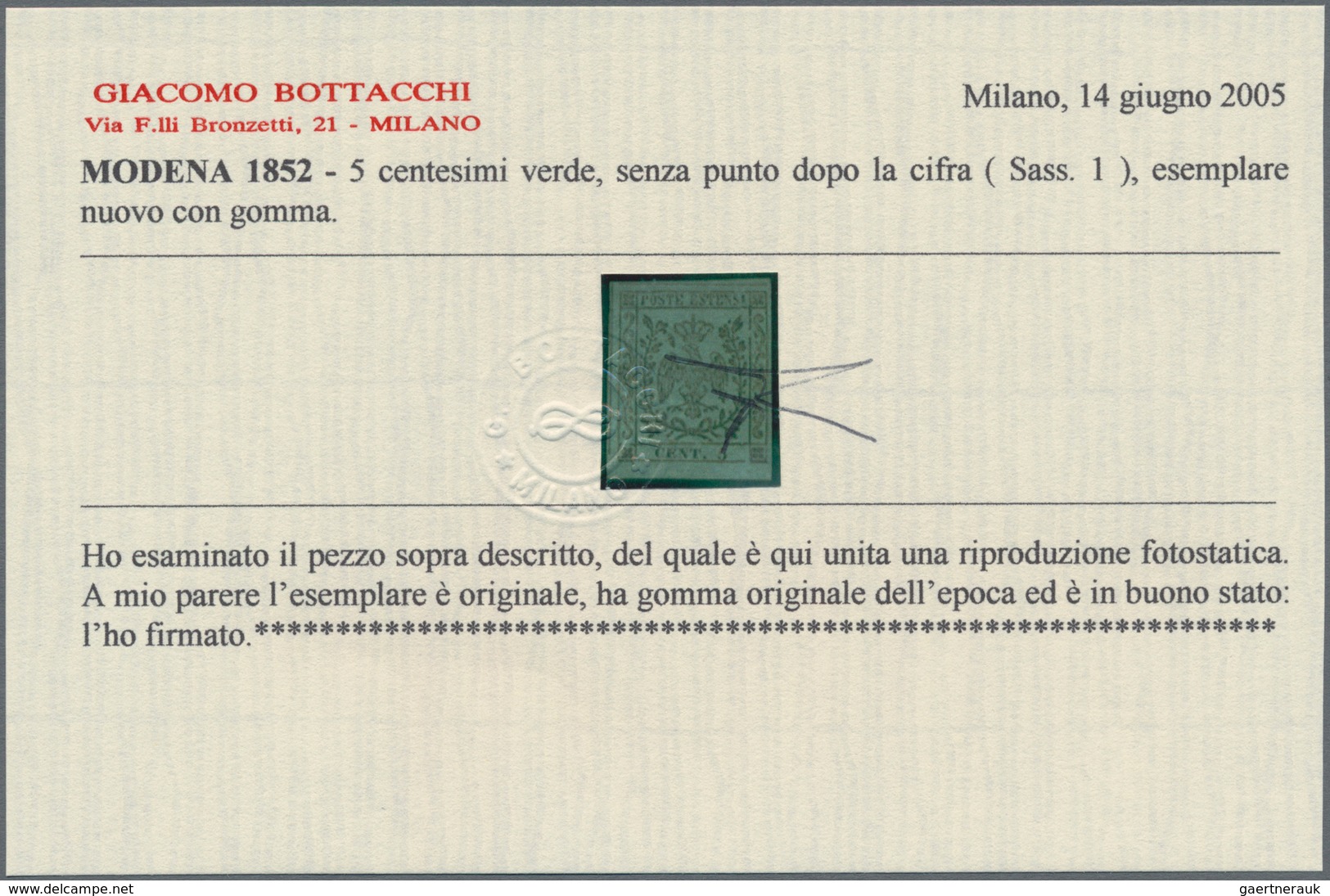 Italien - Altitalienische Staaten: Modena: 1852, 5 Cent. Black On Green Without A Dot Behind The Dig - Modena