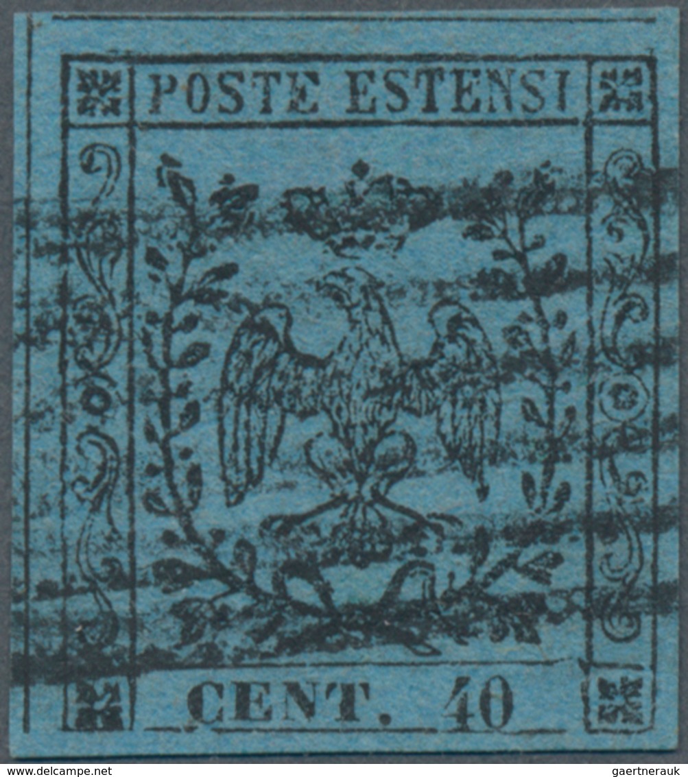 Italien - Altitalienische Staaten: Modena: 1852, 40 C Black On Blue Tied By 6-bar Cancel, The Stamp - Modena