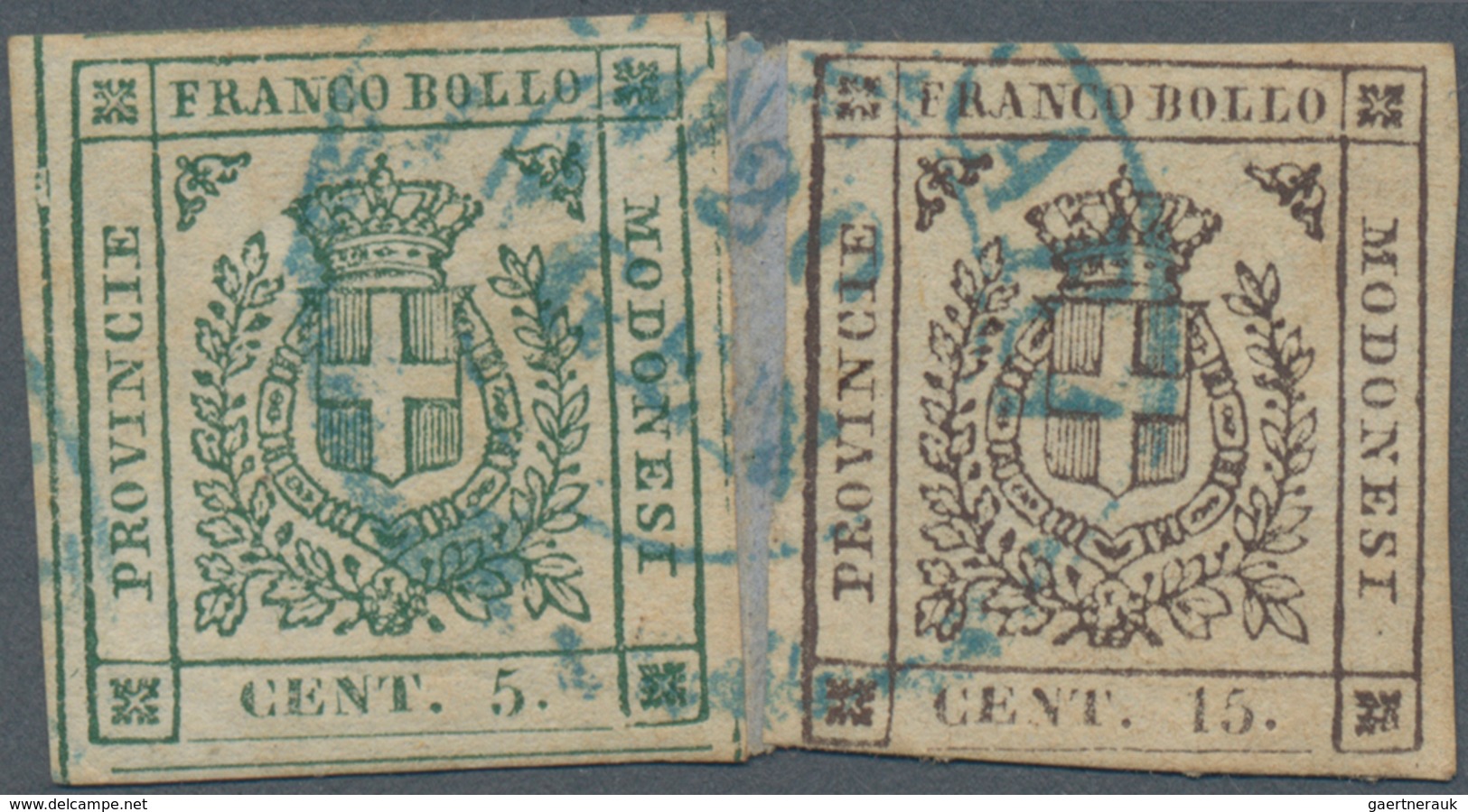 Italien - Altitalienische Staaten: Modena: 1859, 5 C Green And 15 C Brown-grey Cancelled With Blue D - Modena