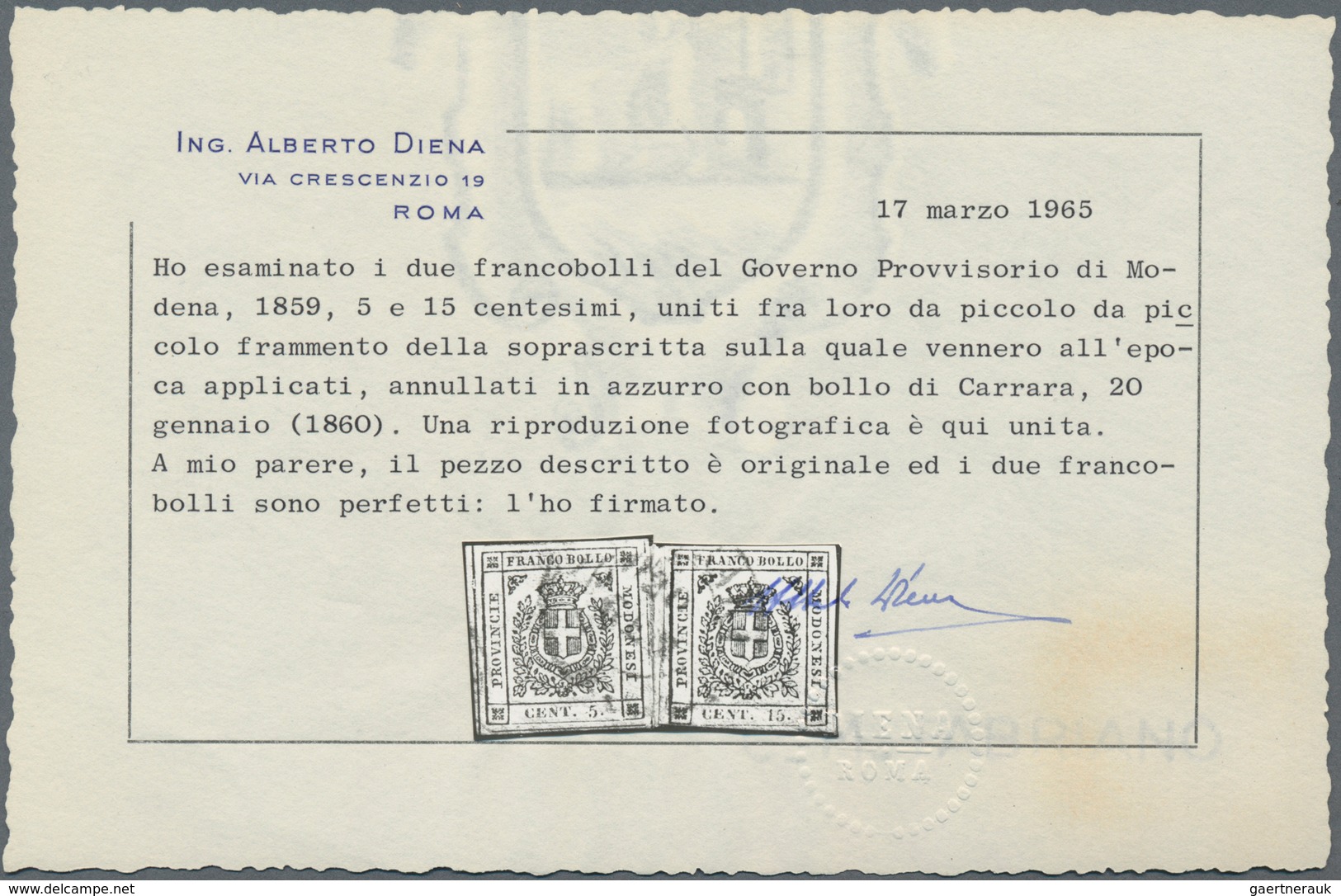 Italien - Altitalienische Staaten: Modena: 1859, 5 C Green And 15 C Brown-grey Cancelled With Blue D - Modena