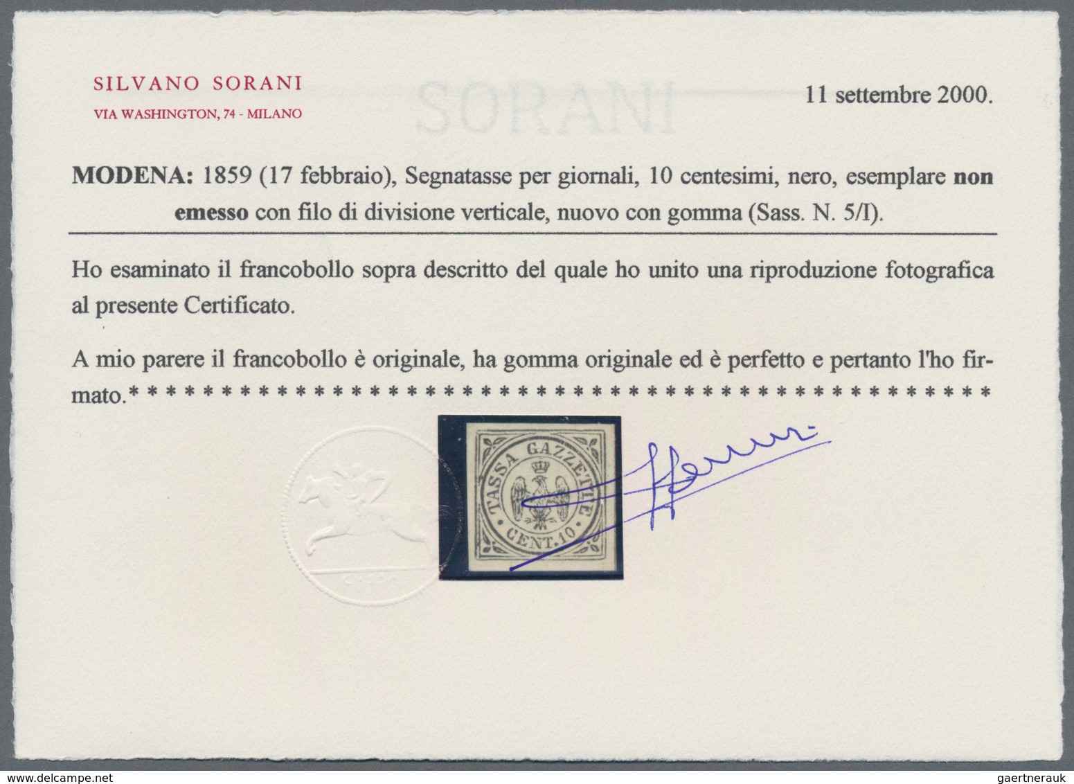 Italien - Altitalienische Staaten: Modena - Zeitungsstempelmarken: 1859, 20 Cent. Black Sample Not E - Modena
