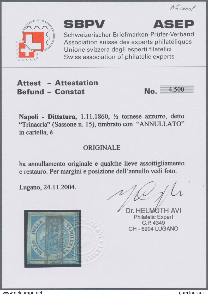 Italien - Altitalienische Staaten: Neapel: 1860, 1/2 T Blue Tied By Frame Cancel "Annullatto", Small - Naples