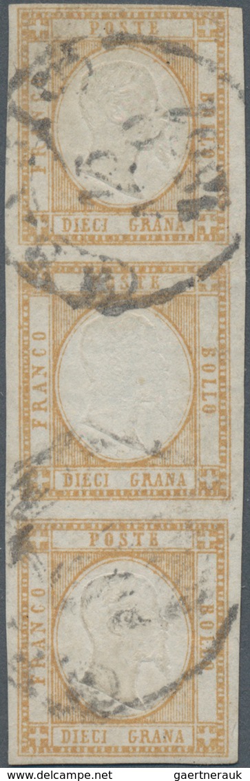 Italien - Altitalienische Staaten: Neapel: 1861, 10 Gr Yellow-brown In Vertical Stripe Of Three Tied - Naples