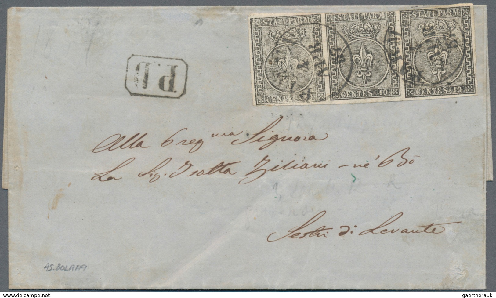 Italien - Altitalienische Staaten: Parma: 1852, 10 C Black On White Horizontal Stripe Of Three, Canc - Parma