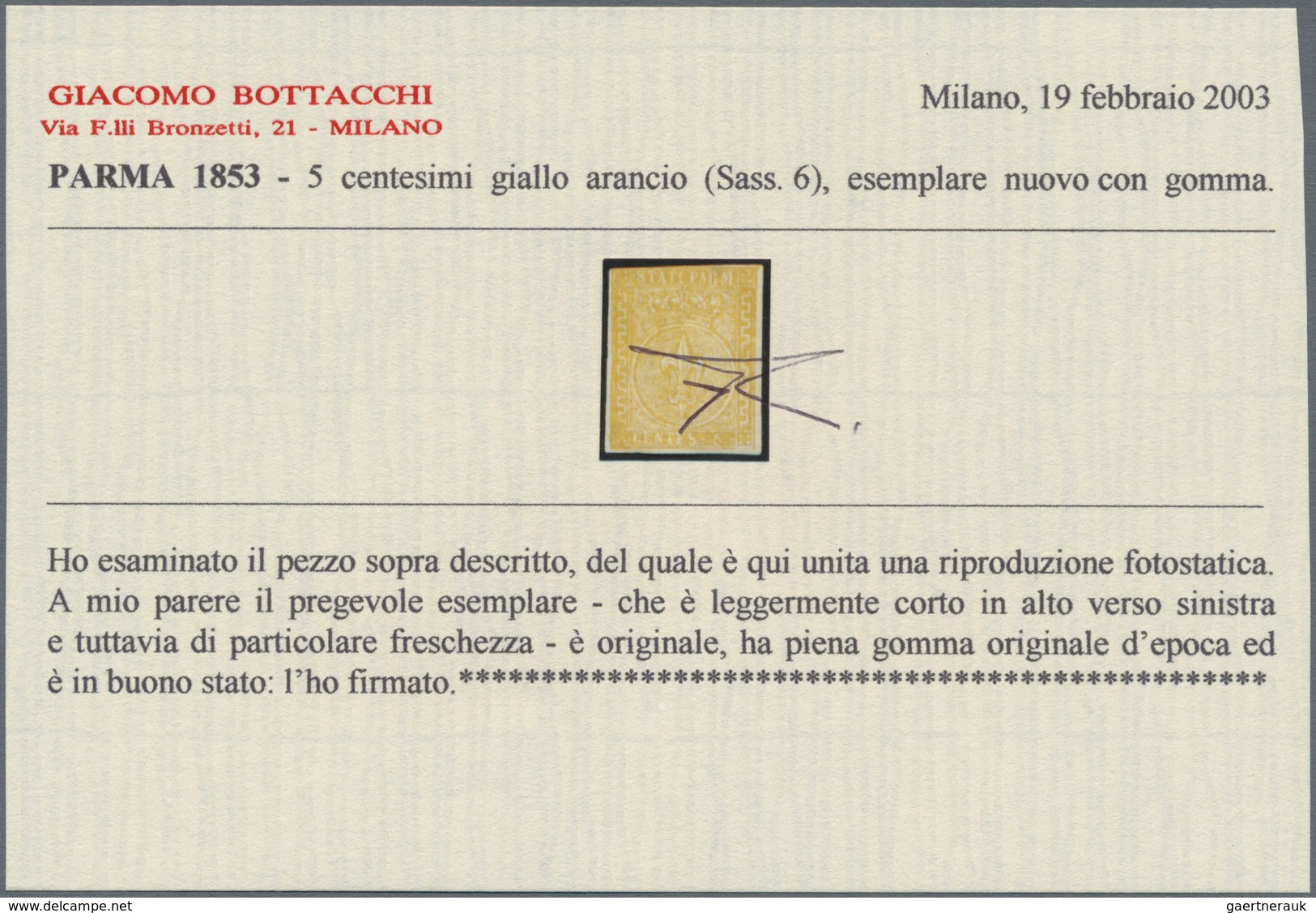 Italien - Altitalienische Staaten: Parma: 1853, 5 Cent. Yellow-orange Mint With Original Gum, All Si - Parma