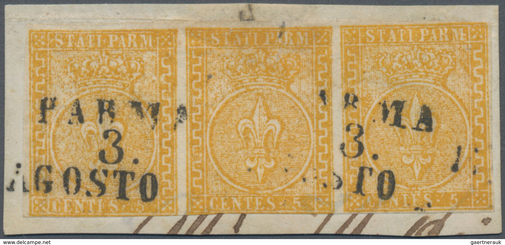 Italien - Altitalienische Staaten: Parma: 1853, 5 C Orange Horizontal Stripe Of 3 On Piece, Cancelle - Parma