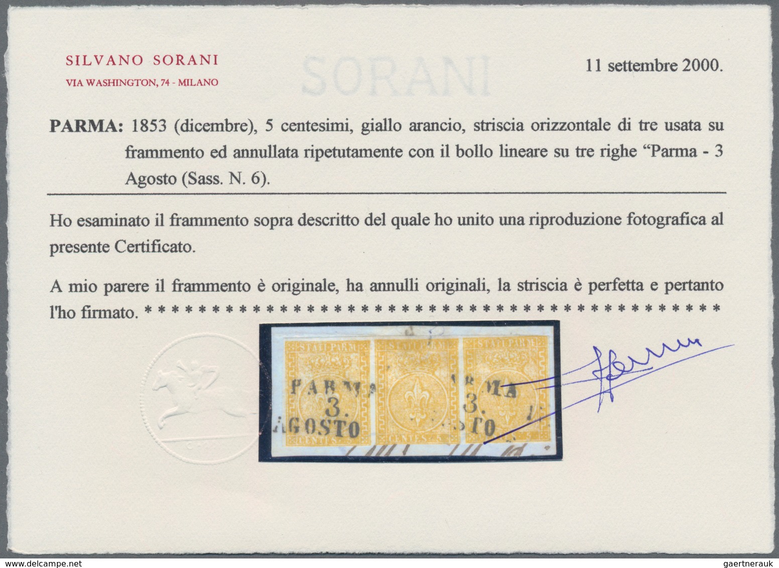 Italien - Altitalienische Staaten: Parma: 1853, 5 C Orange Horizontal Stripe Of 3 On Piece, Cancelle - Parma