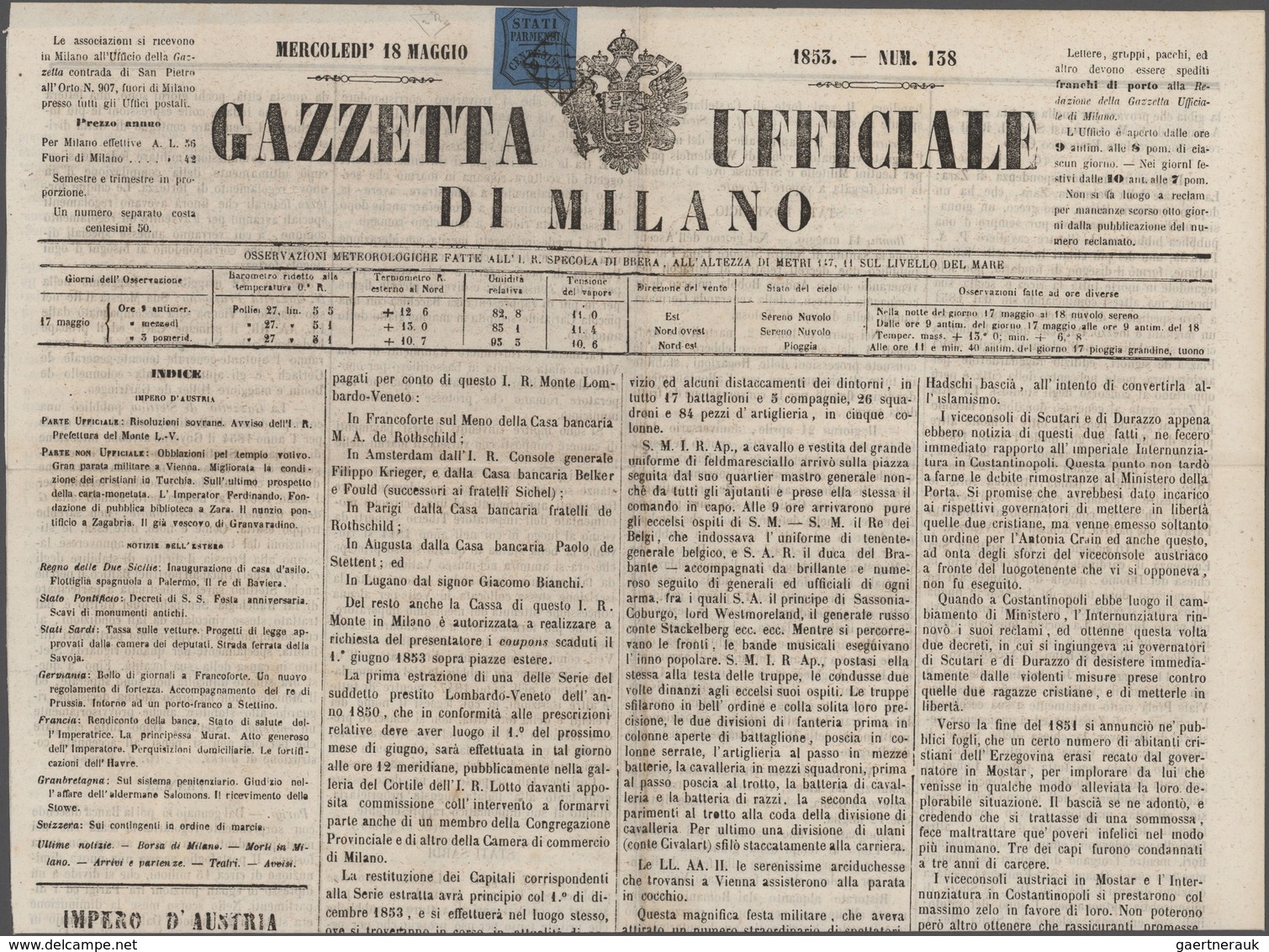 Italien - Altitalienische Staaten: Parma - Zeitungsstempelmarken: 1853, 9 C Black On Blue Single Fra - Parma