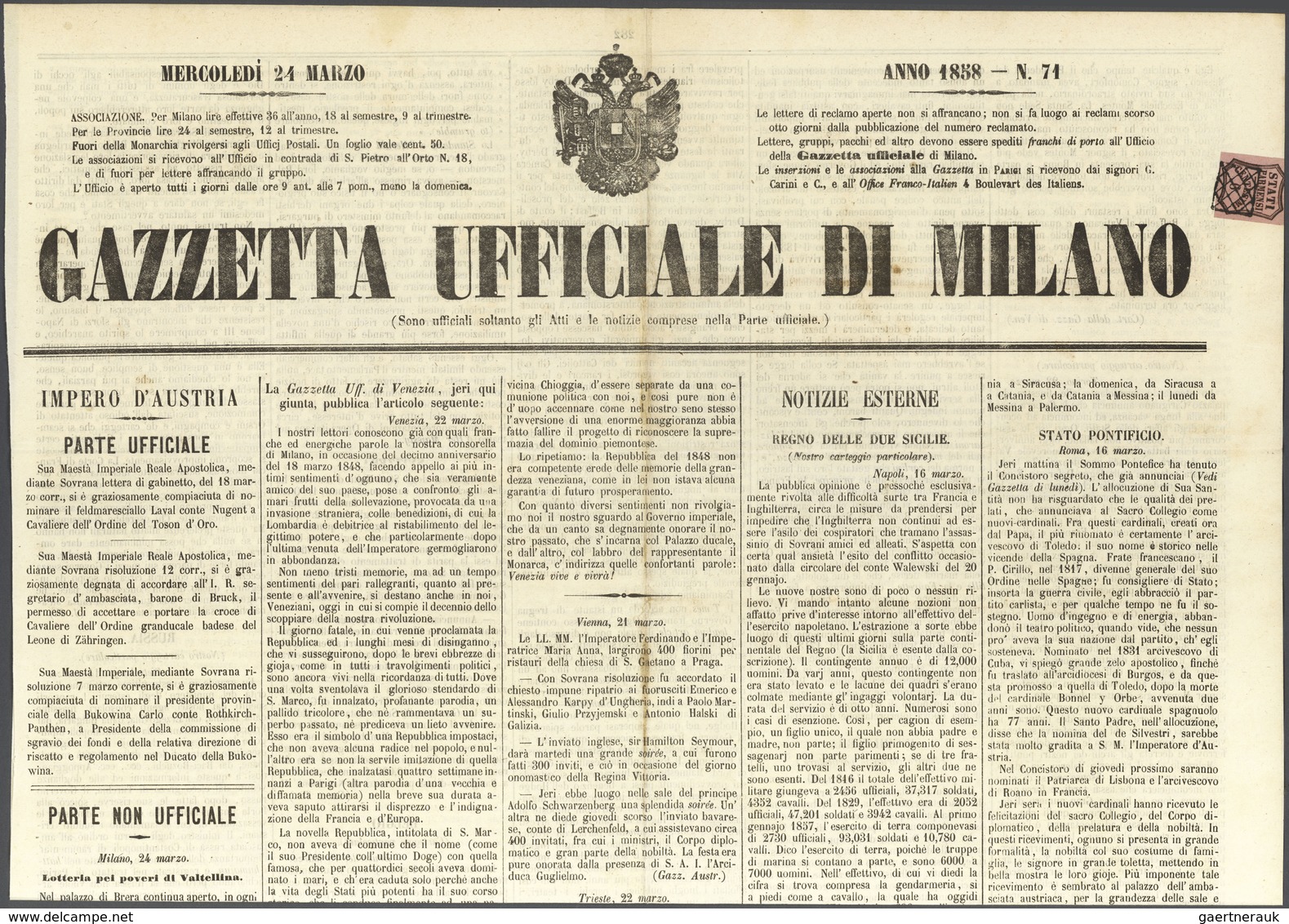 Italien - Altitalienische Staaten: Parma - Zeitungsstempelmarken: 1857, 6 Cent. Black On Light-rose - Parma