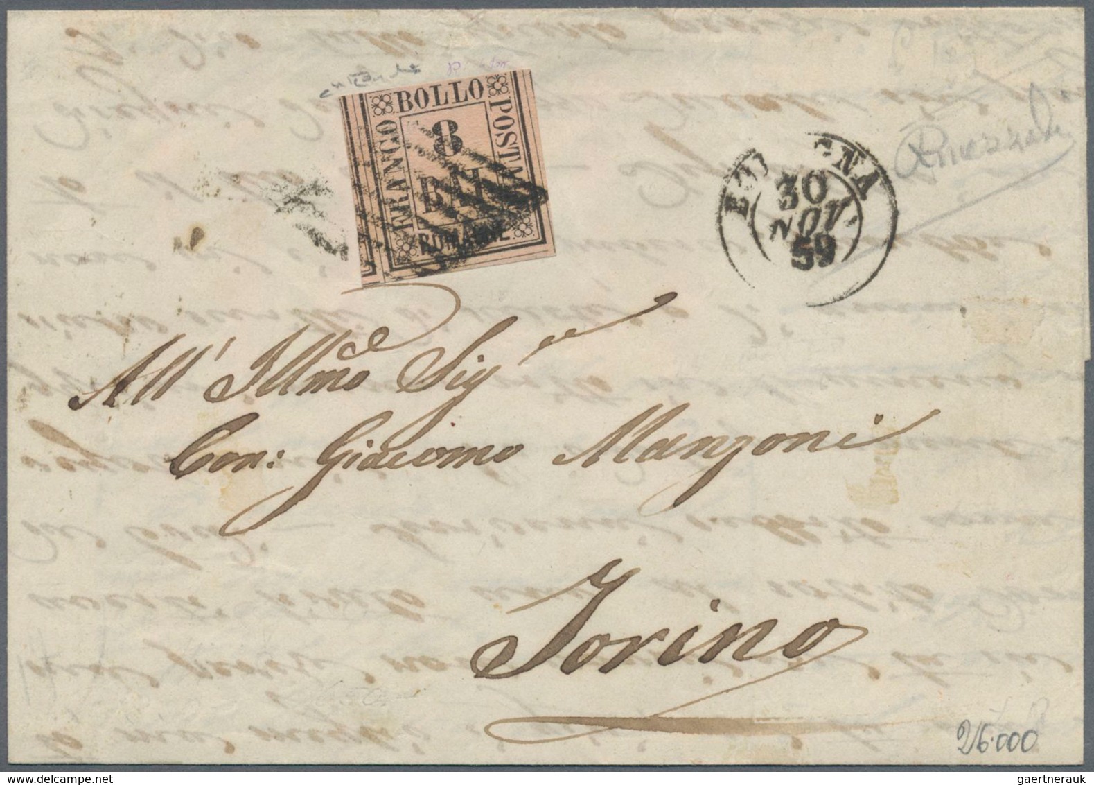 Italien - Altitalienische Staaten: Romagna: 1859, 8 Baj Black On Rose Tied By Rhombus Cancel On Lett - Romagna