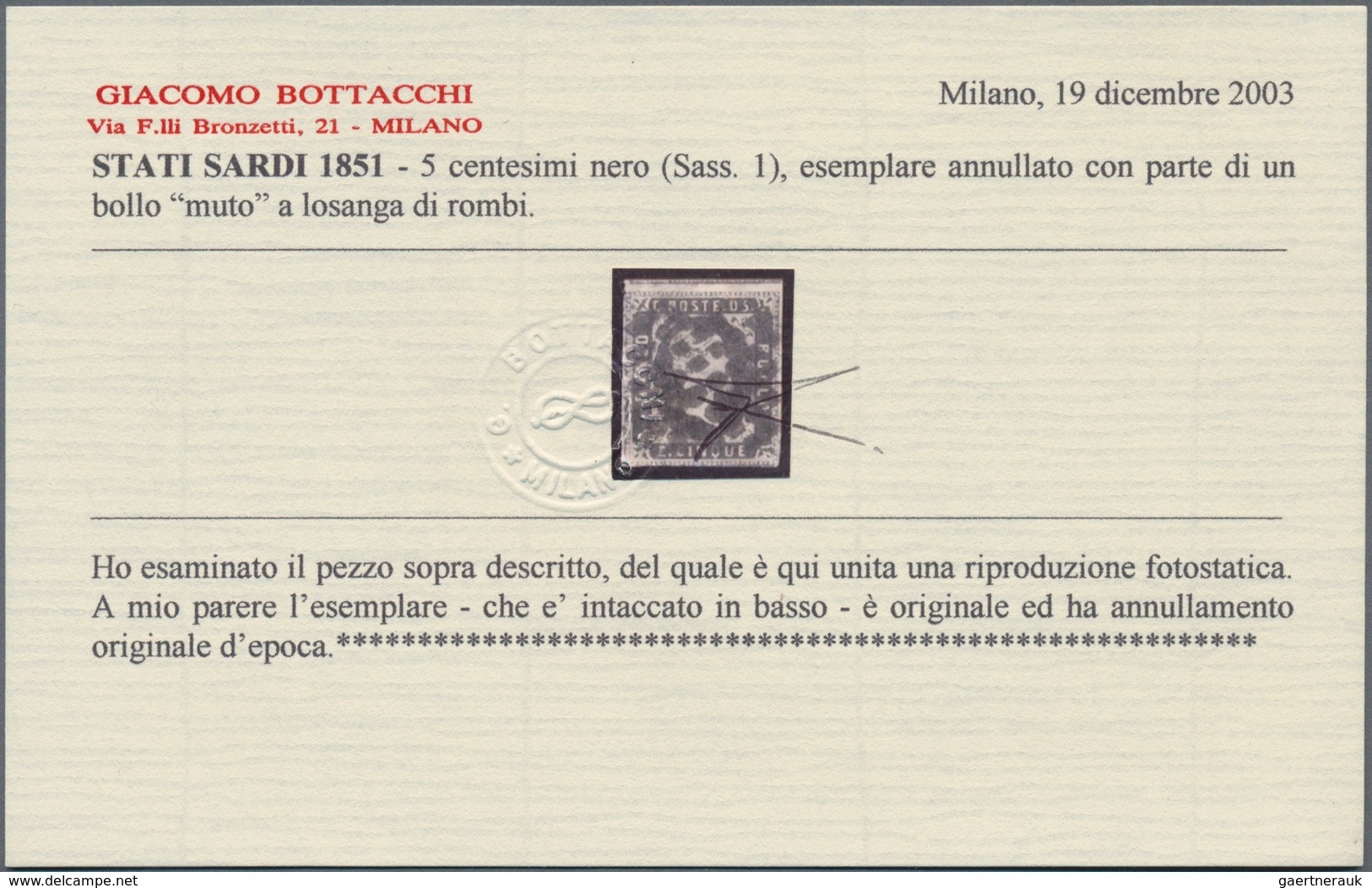 Italien - Altitalienische Staaten: Sardinien: 1851, 5 C Black Tied By Dotted Lozenge Cancel, The Sta - Sardinia